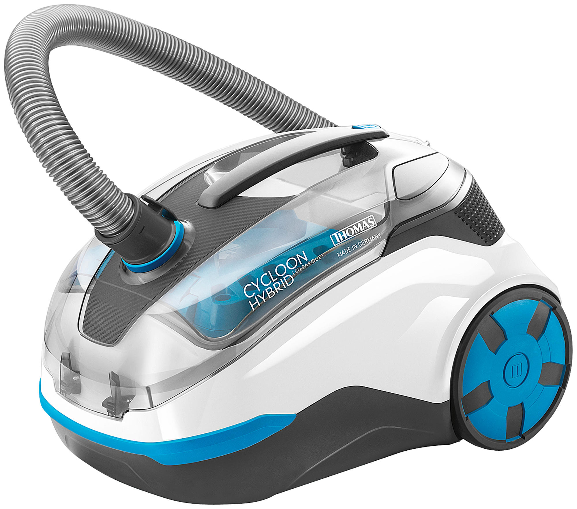 Weißer und blauer Cycloon Hybrid Staubsauger mit grauem Schlauch.