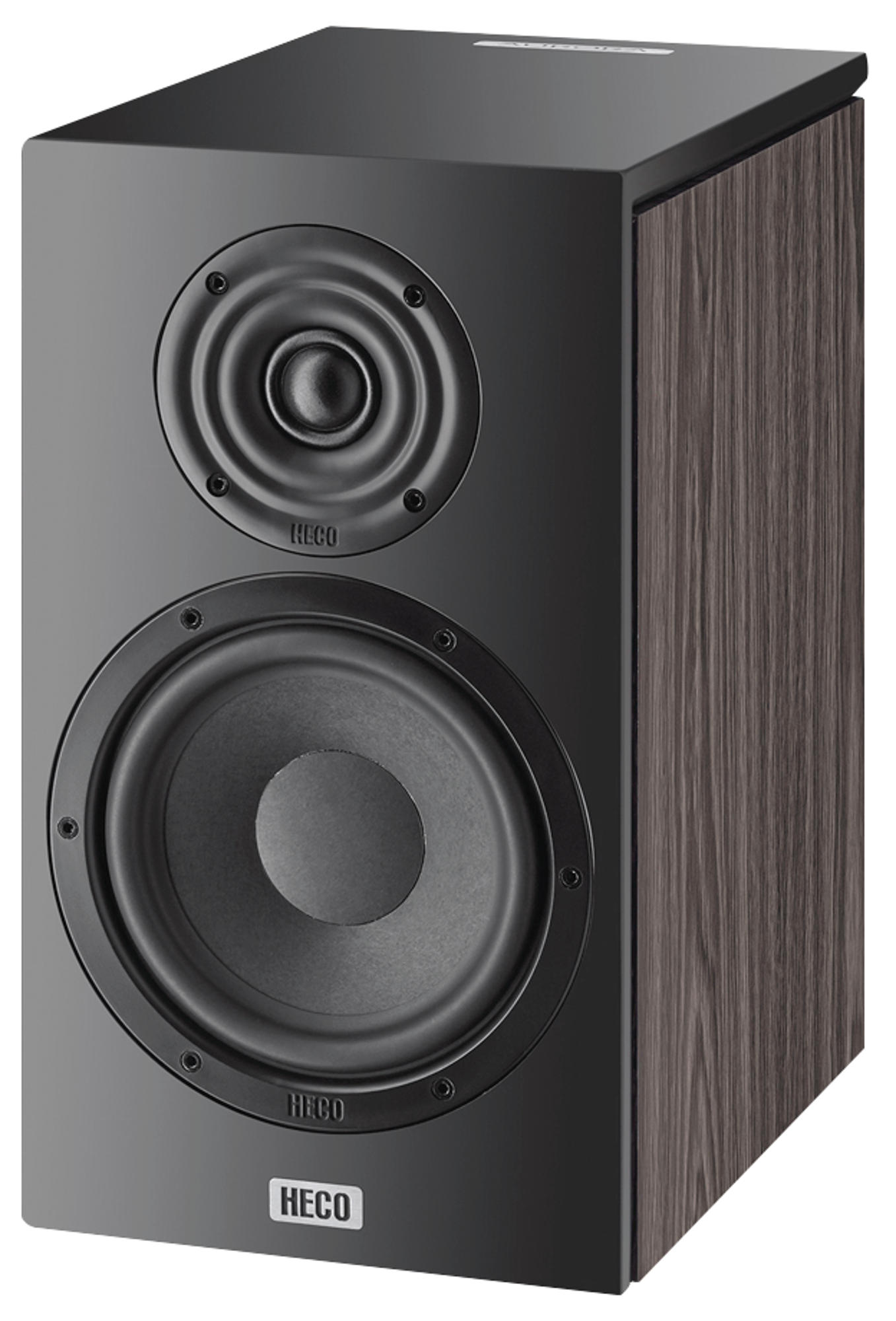 Schwarz- und Holzmaserungslautsprecher. Zwei Lautsprecher sind sichtbar. HECO-Marke unten.