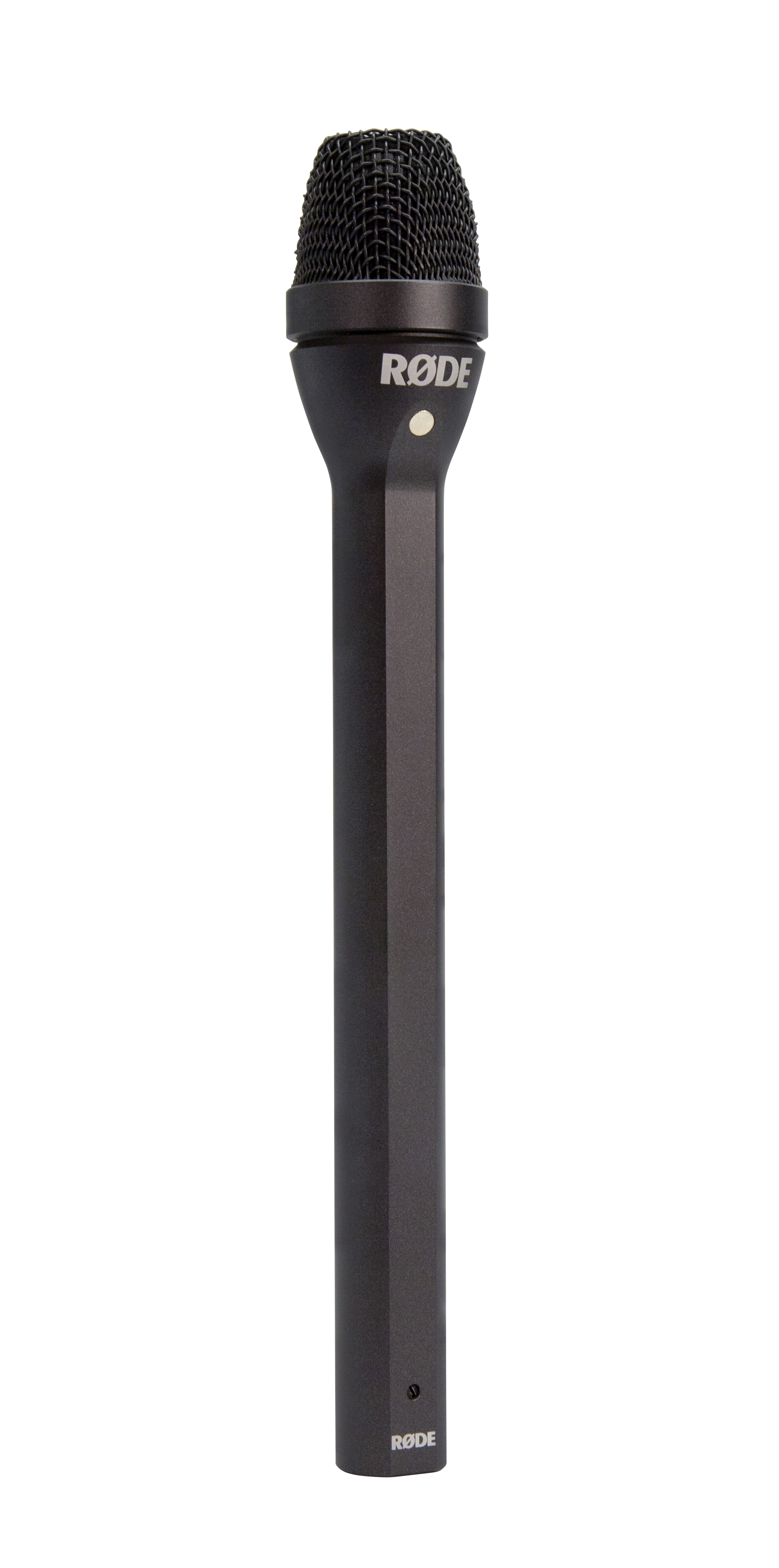 Un microphone RØDE noir avec un anneau argenté et un petit bouton blanc.
