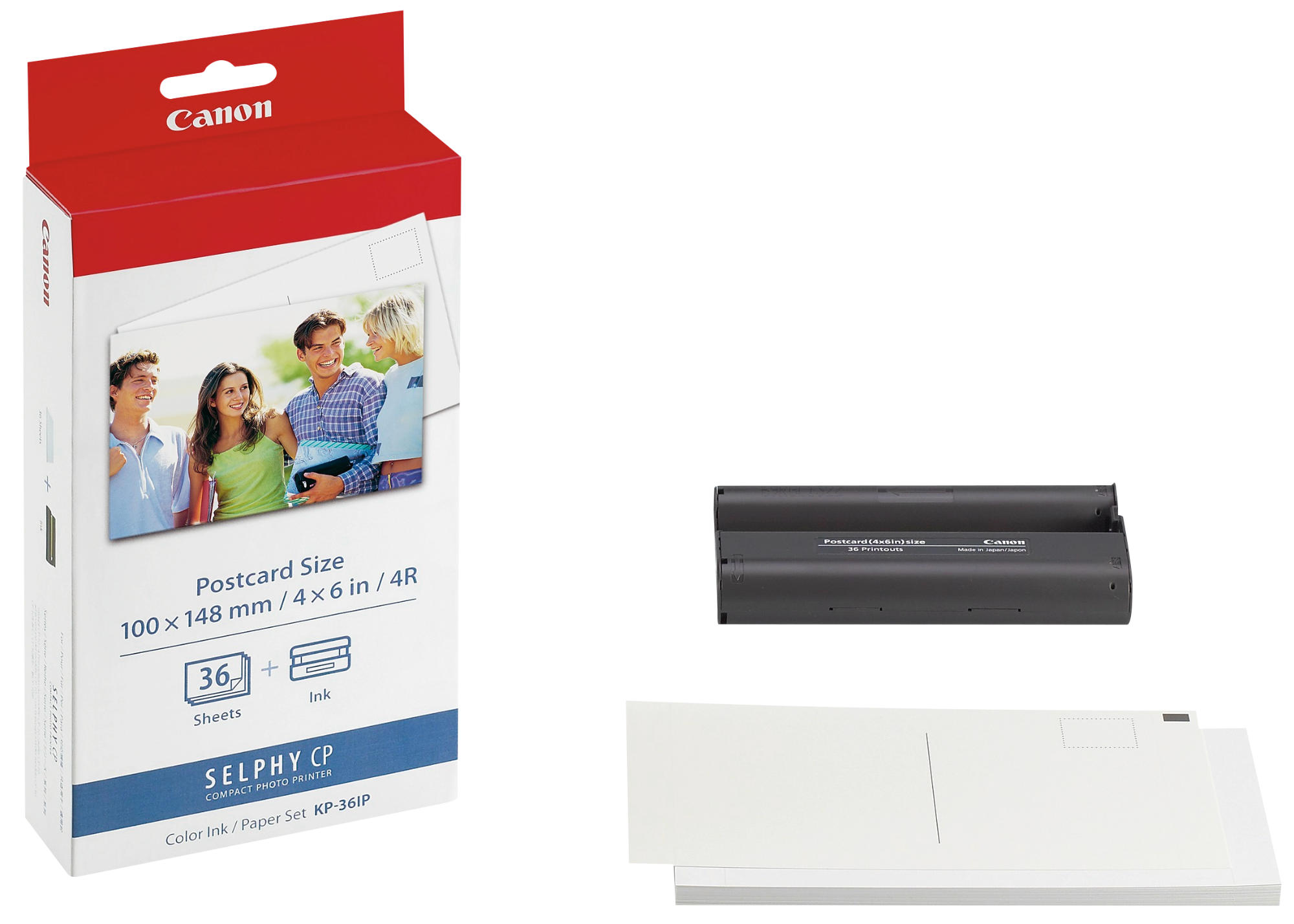 Canon Selphy CP Kompakt-Fotodrucker-Box, mit Postkarten und Tintenpatronen.