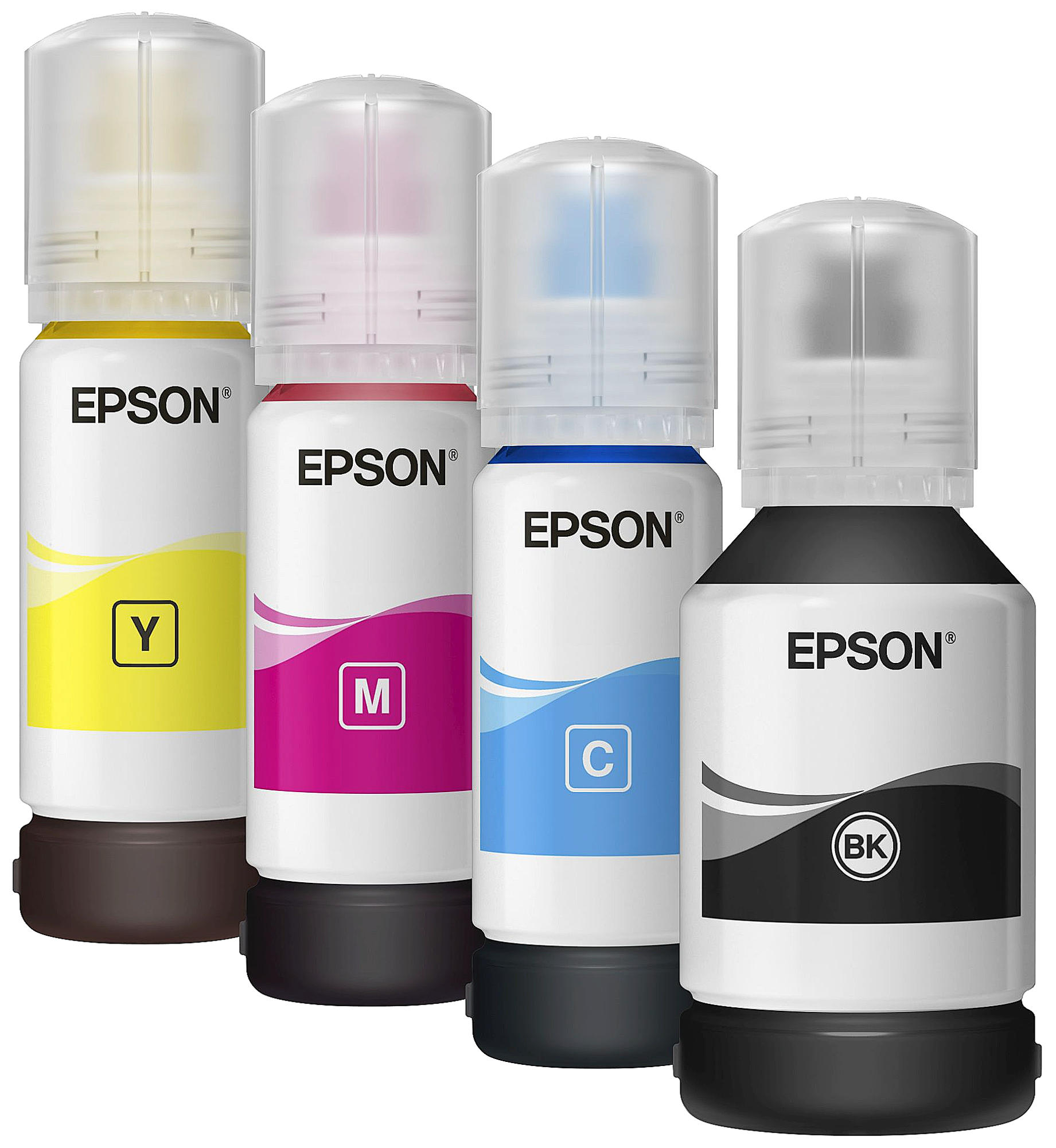 Vier Flaschen Epson-Tinte in Gelb, Magenta, Cyan und Schwarz. Jede Flasche hat einen weißen Deckel.