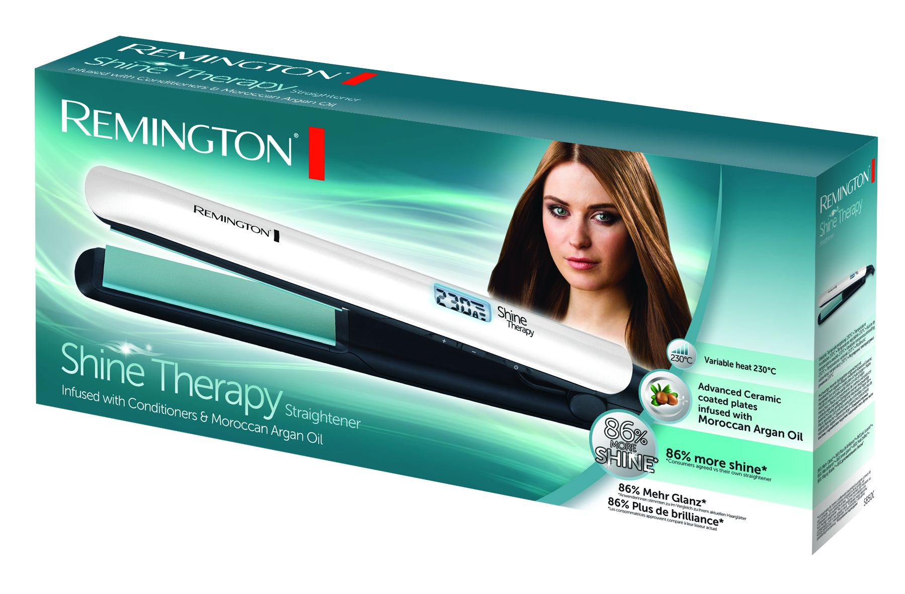 Remington hair straightener box. It has a woman's face and the product is visible inside the box.