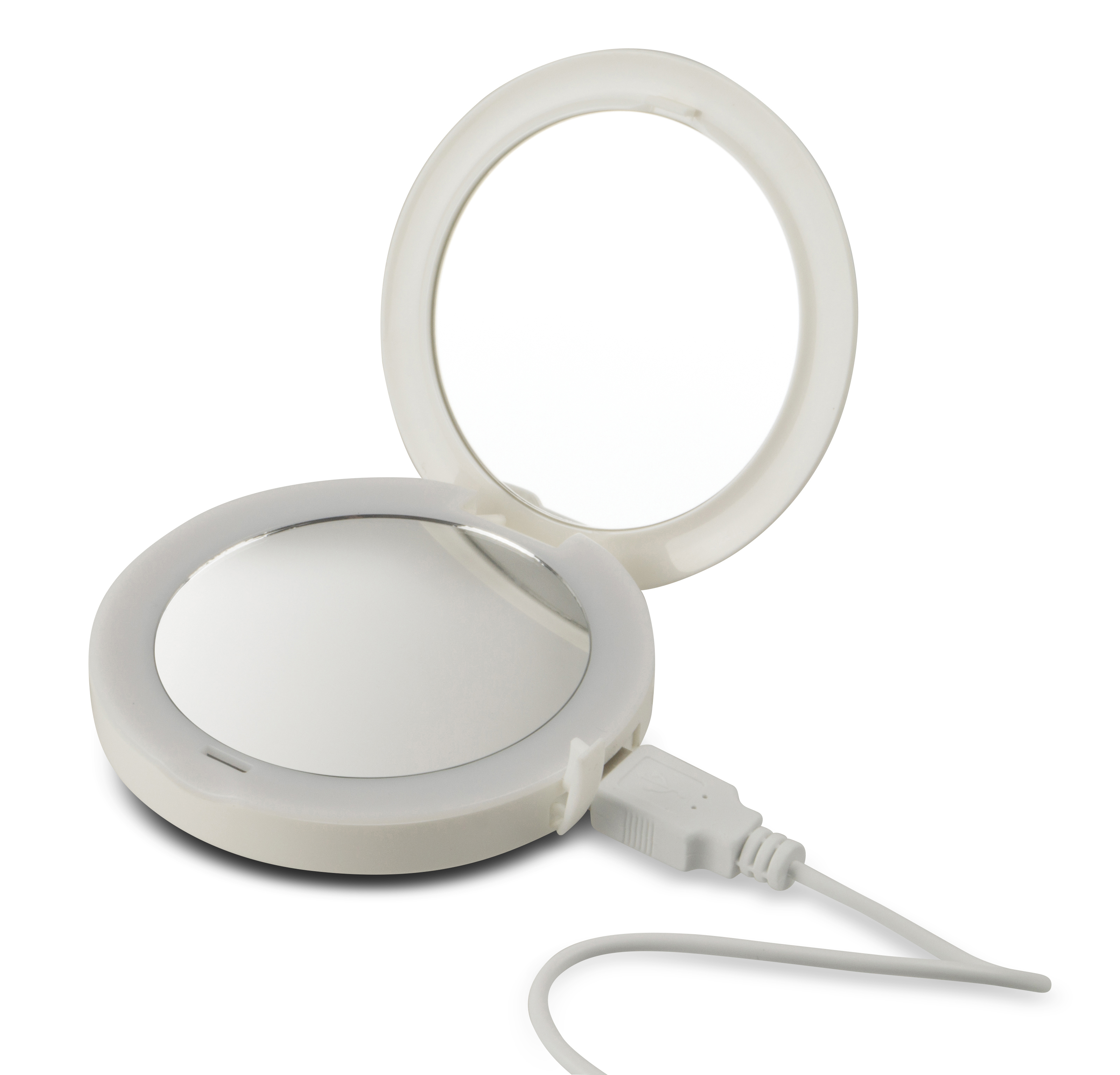 Weißer, runder, zusammenklappbarer Schminkspiegel mit USB-Kabel. Eine Spiegelseite offen, Licht reflektierend.