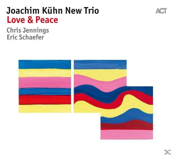 Albumcover von Joachim Kühn New Trio 'Love & Peace' mit abstrakter Kunst.