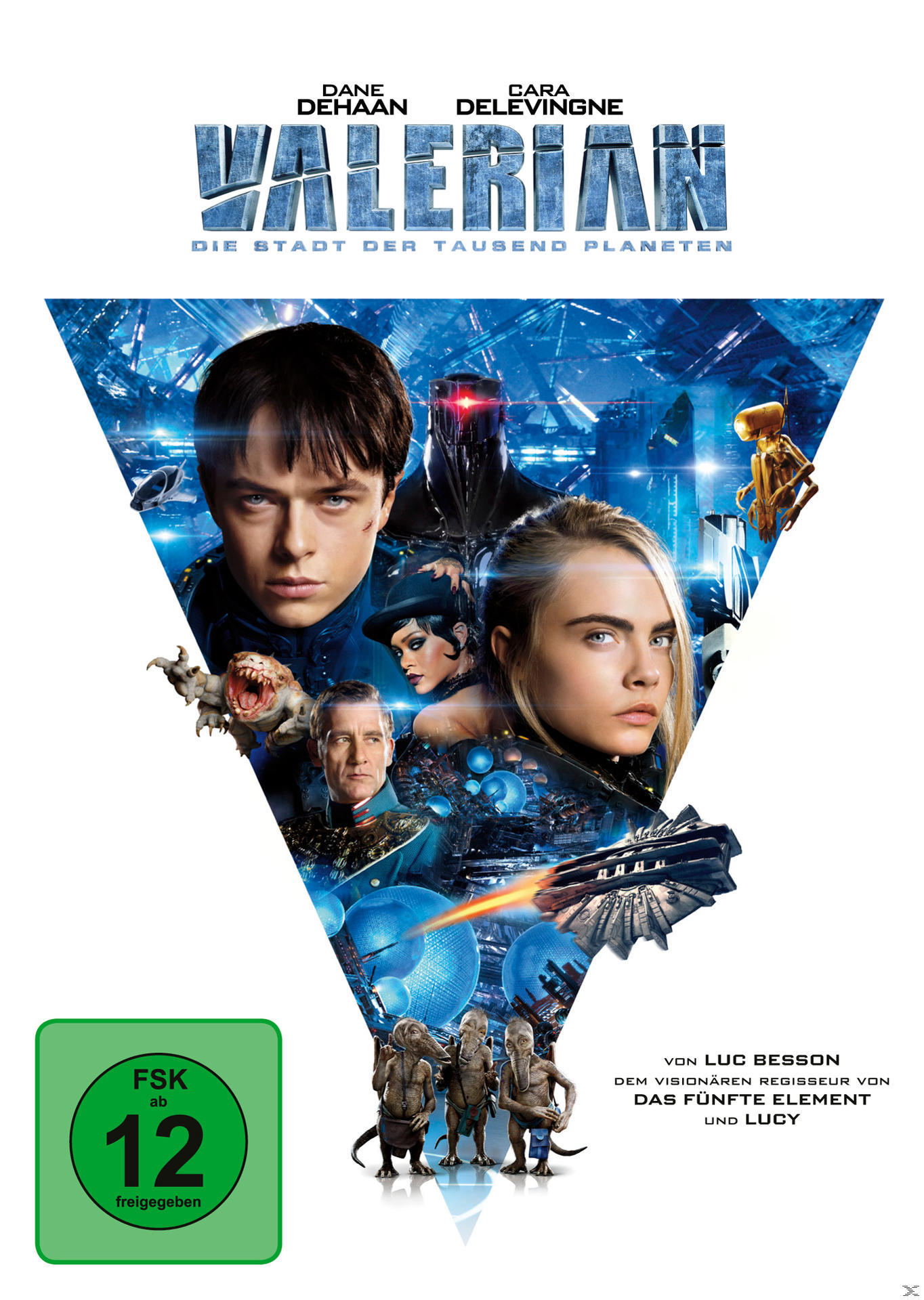 DVD-Cover: 'Valerian'-Filmposter mit Gesichtern von Schauspielern und futuristischem Hintergrund.