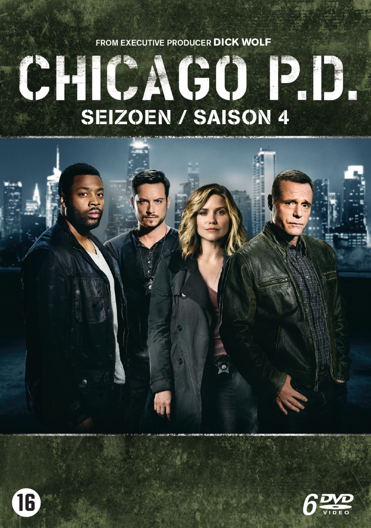 Jaquette du DVD de la saison 4 de Chicago P.D. avec le casting devant la ligne d'horizon de la ville.