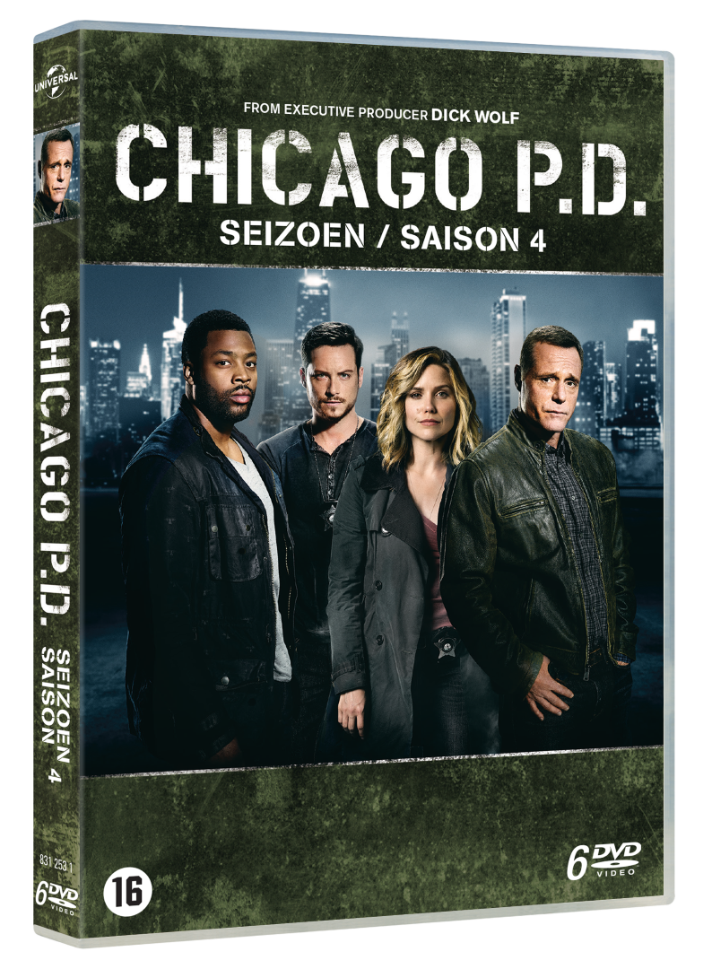 Coffret DVD Chicago P.D. Saison 4. Photo du casting sur la couverture. Visuel avec paysage urbain.