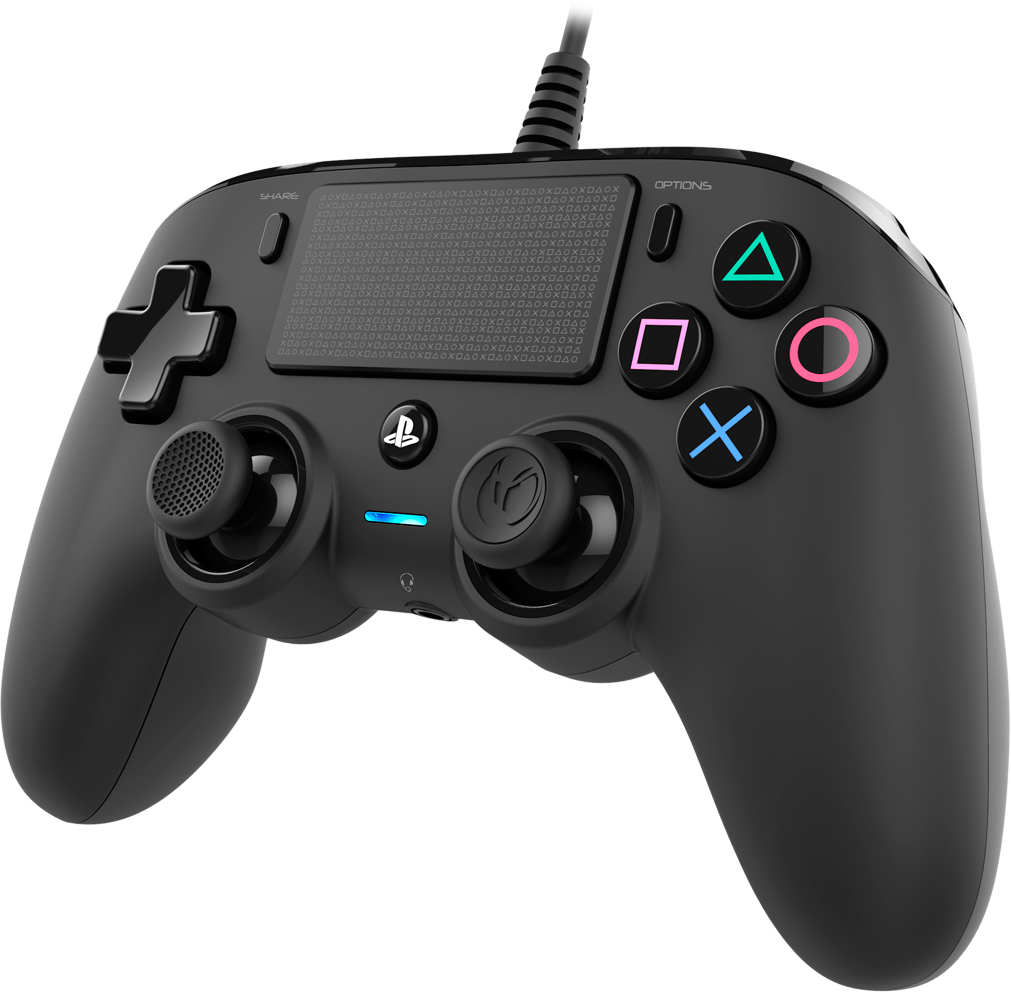 Black PS4 controller with buttons, joysticks, and a cable, against a plain background.