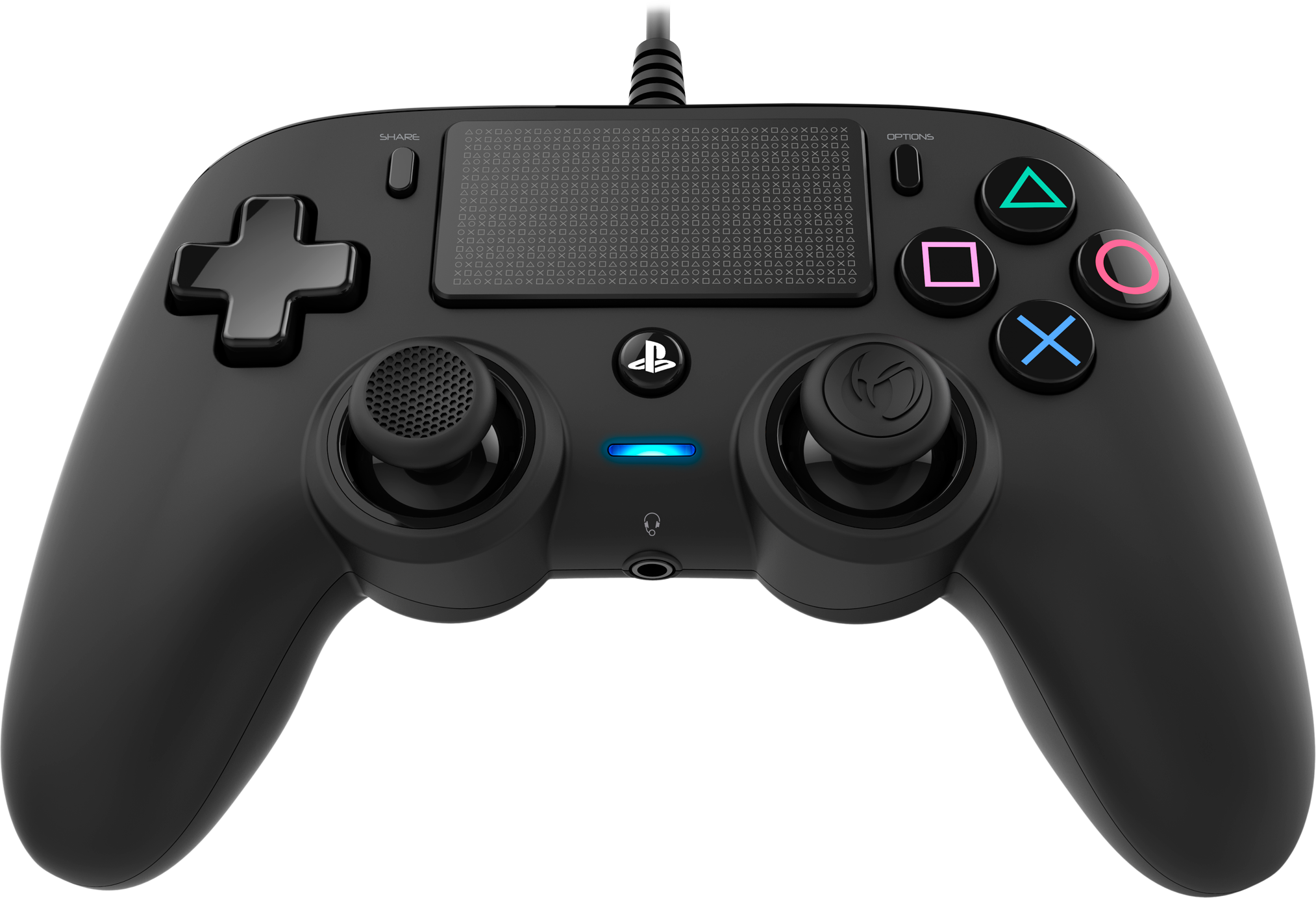 Black game controller with buttons and joysticks.