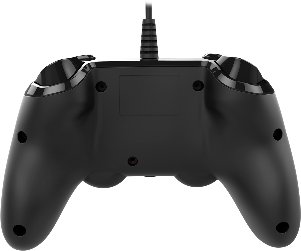Back view of a black game controller with a cord. Two grips and buttons are visible.