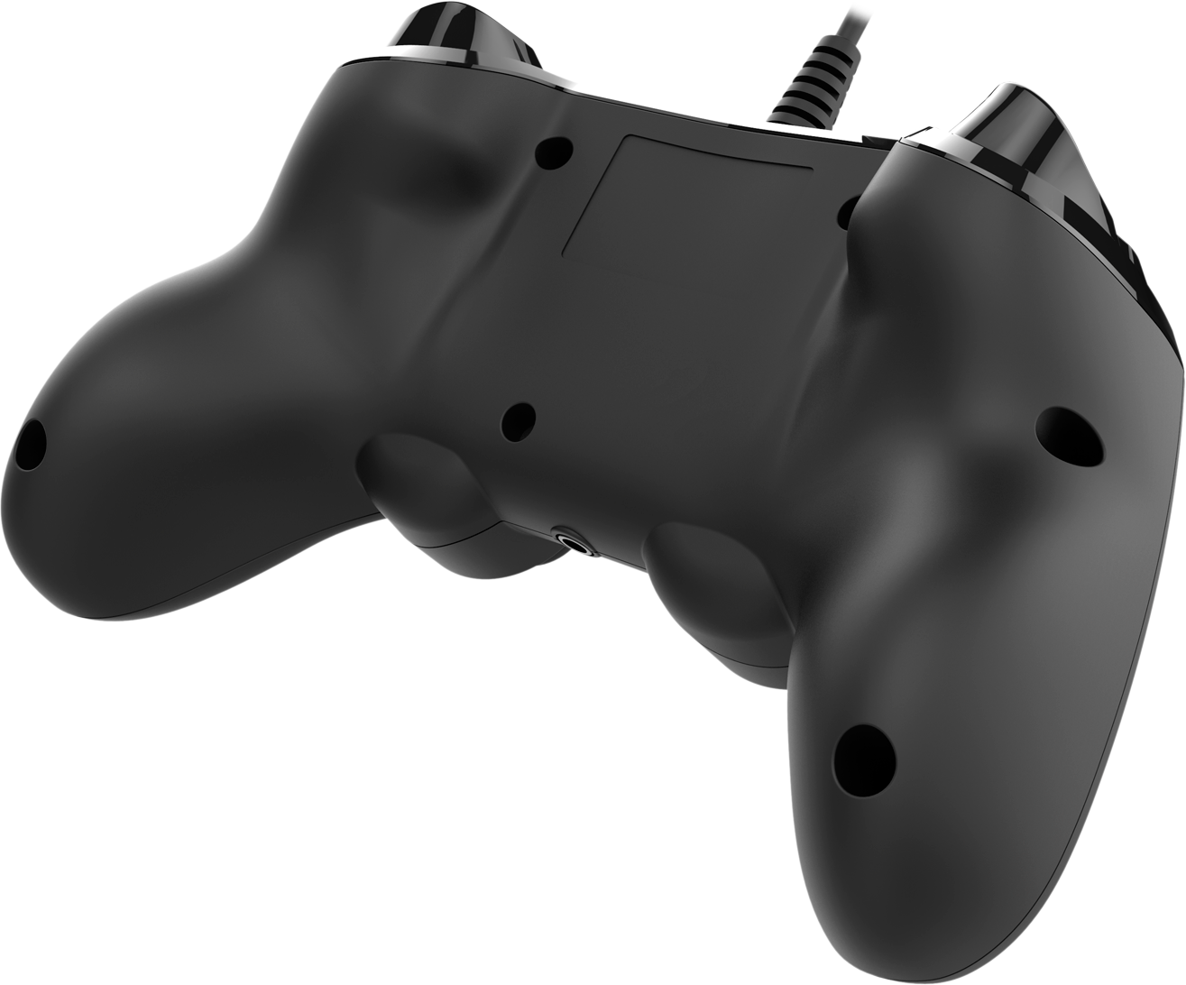 The back of a black video game controller.