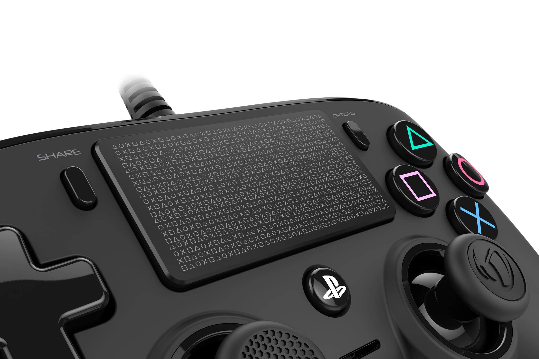 Black controller with buttons and joysticks. Black background.