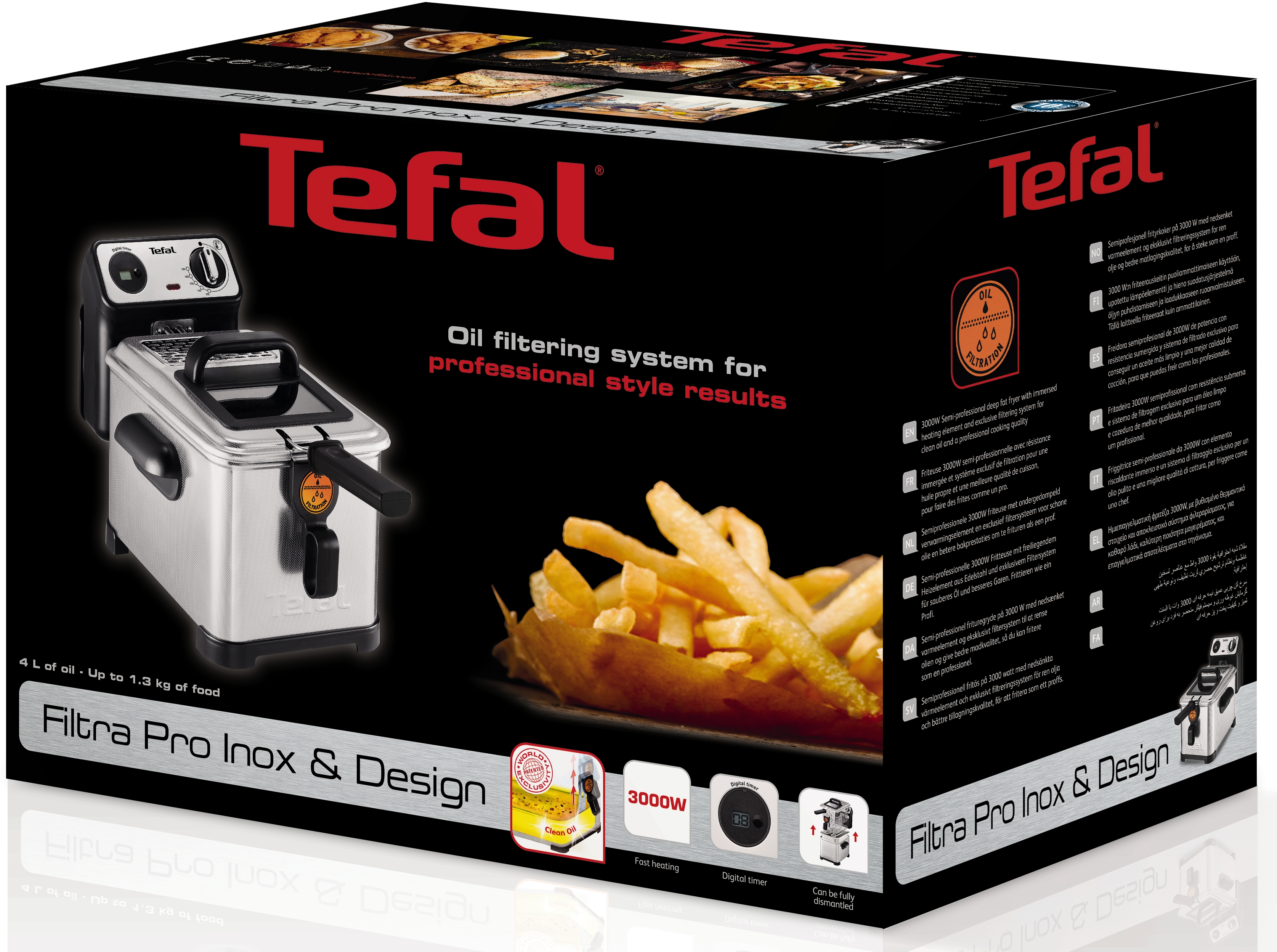 Doos van Tefal Filtra Pro Inox & Design, met een friteuse en frietjes.