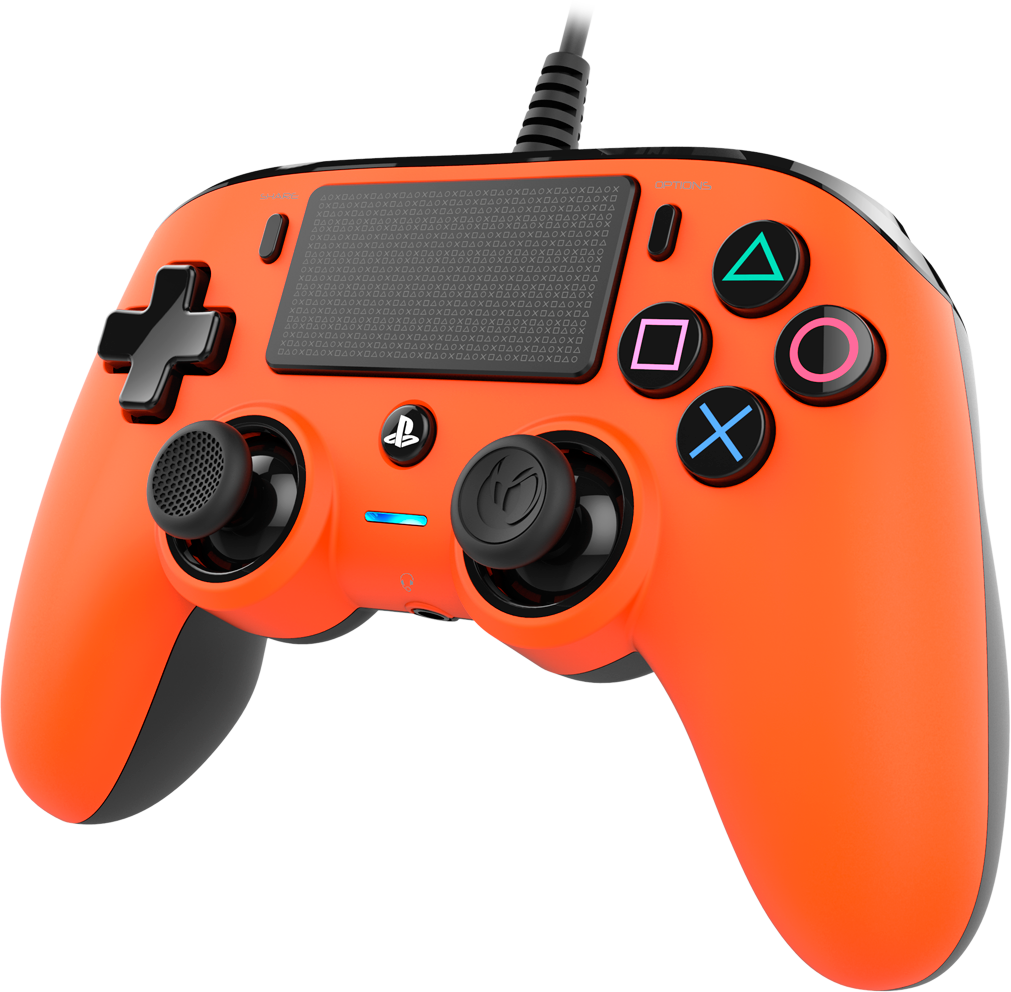 Oranje PlayStation 4 controller. Knoppen zijn gemarkeerd met vormen en PS-logo.