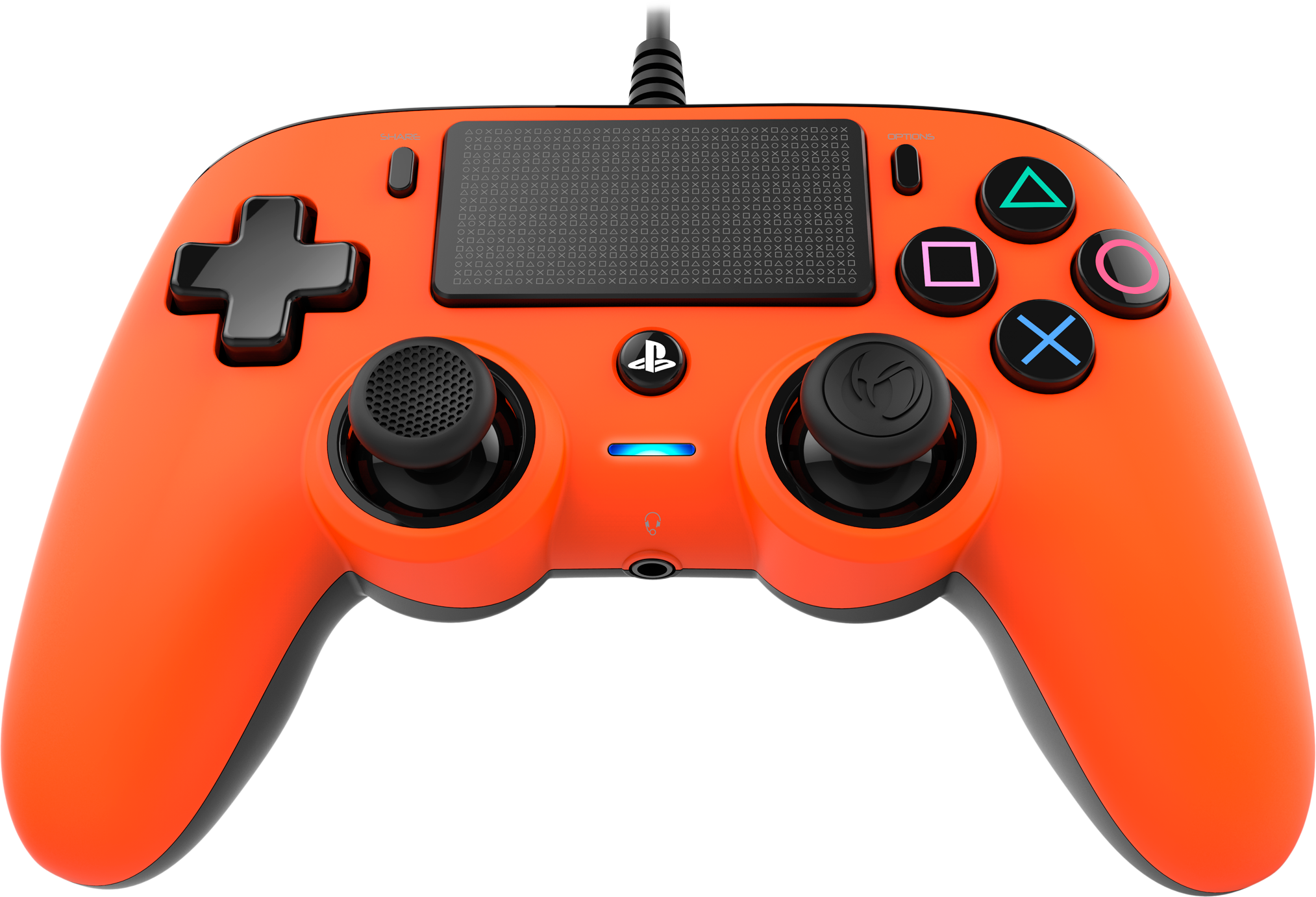 Oranje Playstation-controller met diverse knoppen en twee joysticks, vooraanzicht.