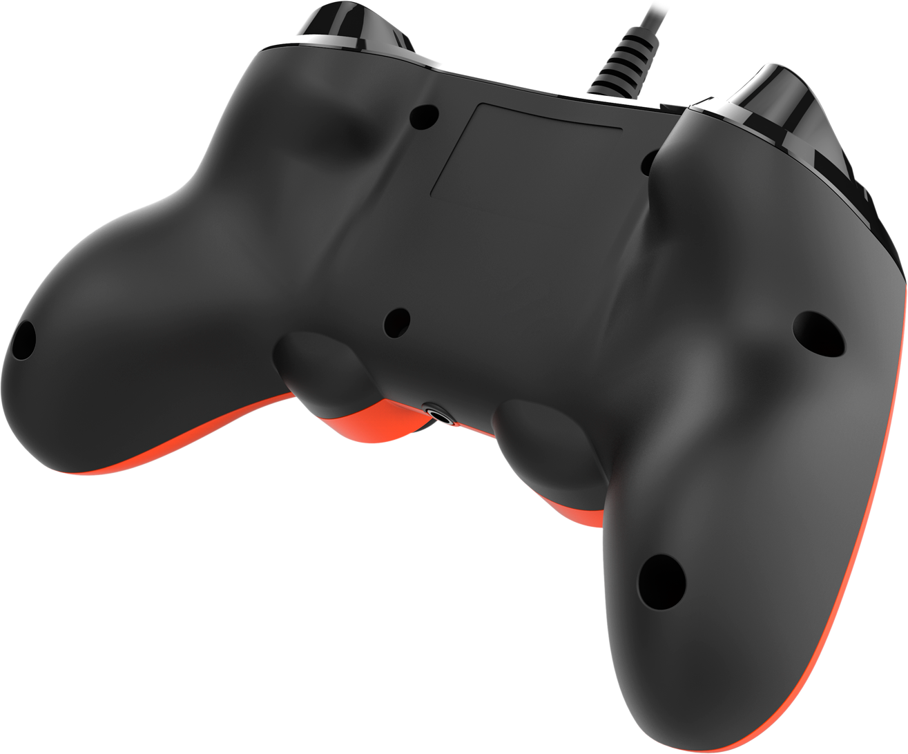 Zwarte en rode gamecontroller, onderaanzicht, met een kabel eraan.