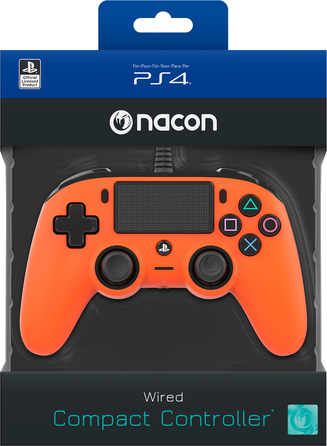 Oranje Nacon bedrade compacte controller voor Playstation 4, in een zwarte doos.