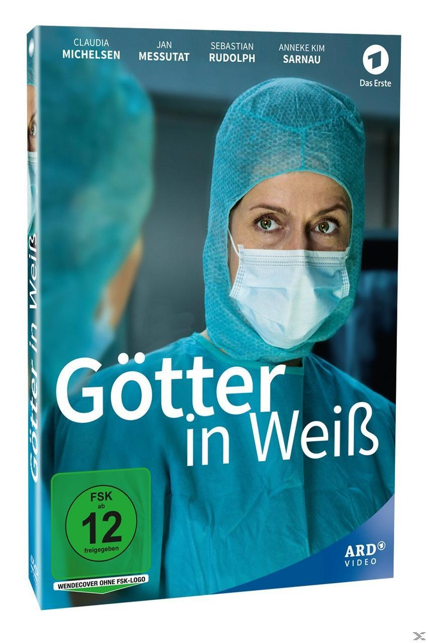 DVD-Cover eines Films mit dem Titel 'Götter in Weiß', eine Frau mit OP-Haube und Maske.
