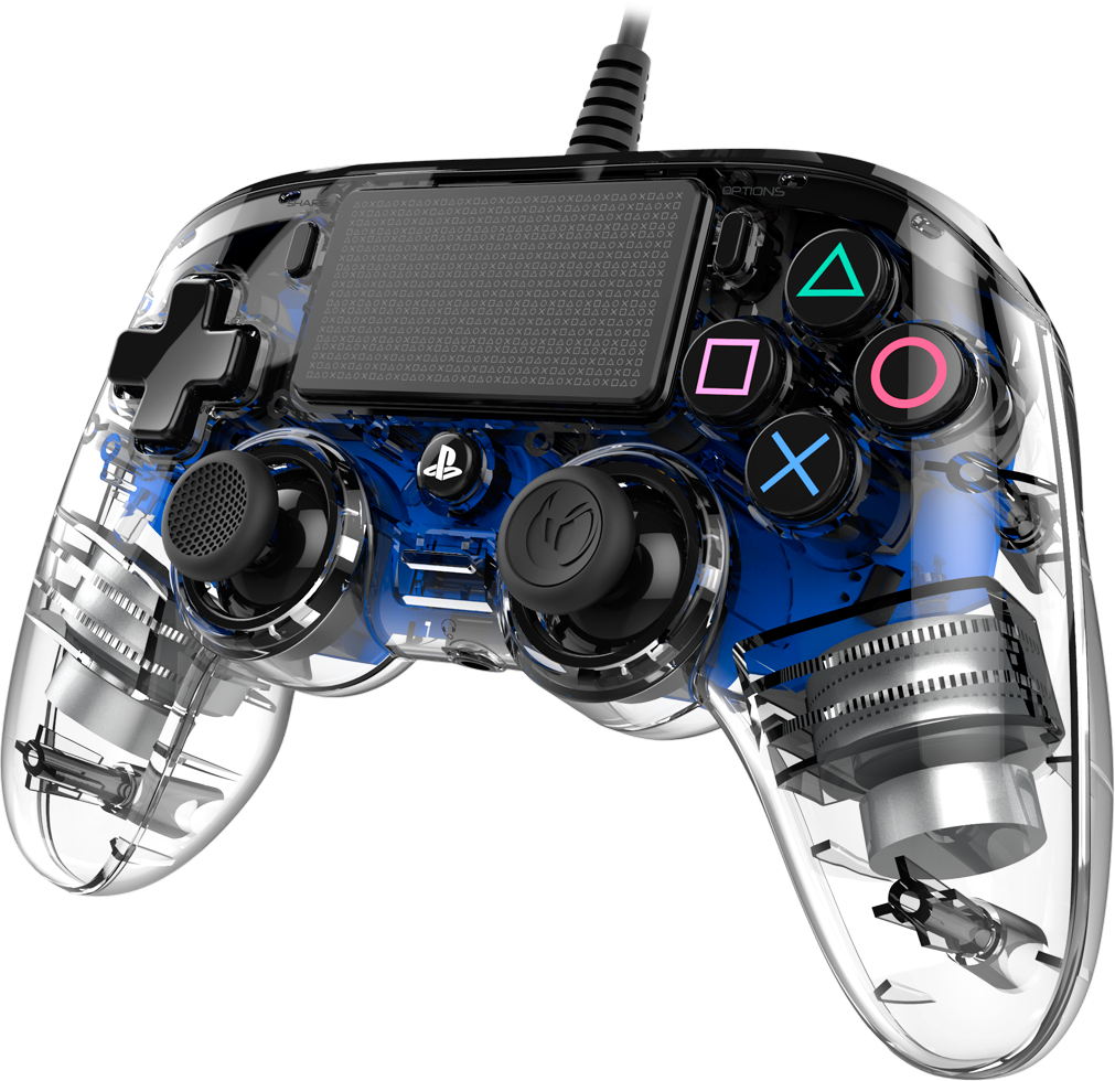 Een transparante blauwzwarte gamecontroller wordt weergegeven tegen een zwarte achtergrond.