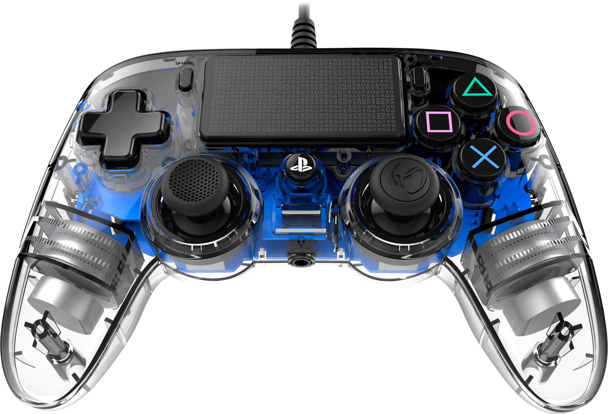 Transparante gamecontroller met knoppen, sticks en zichtbare interne componenten.