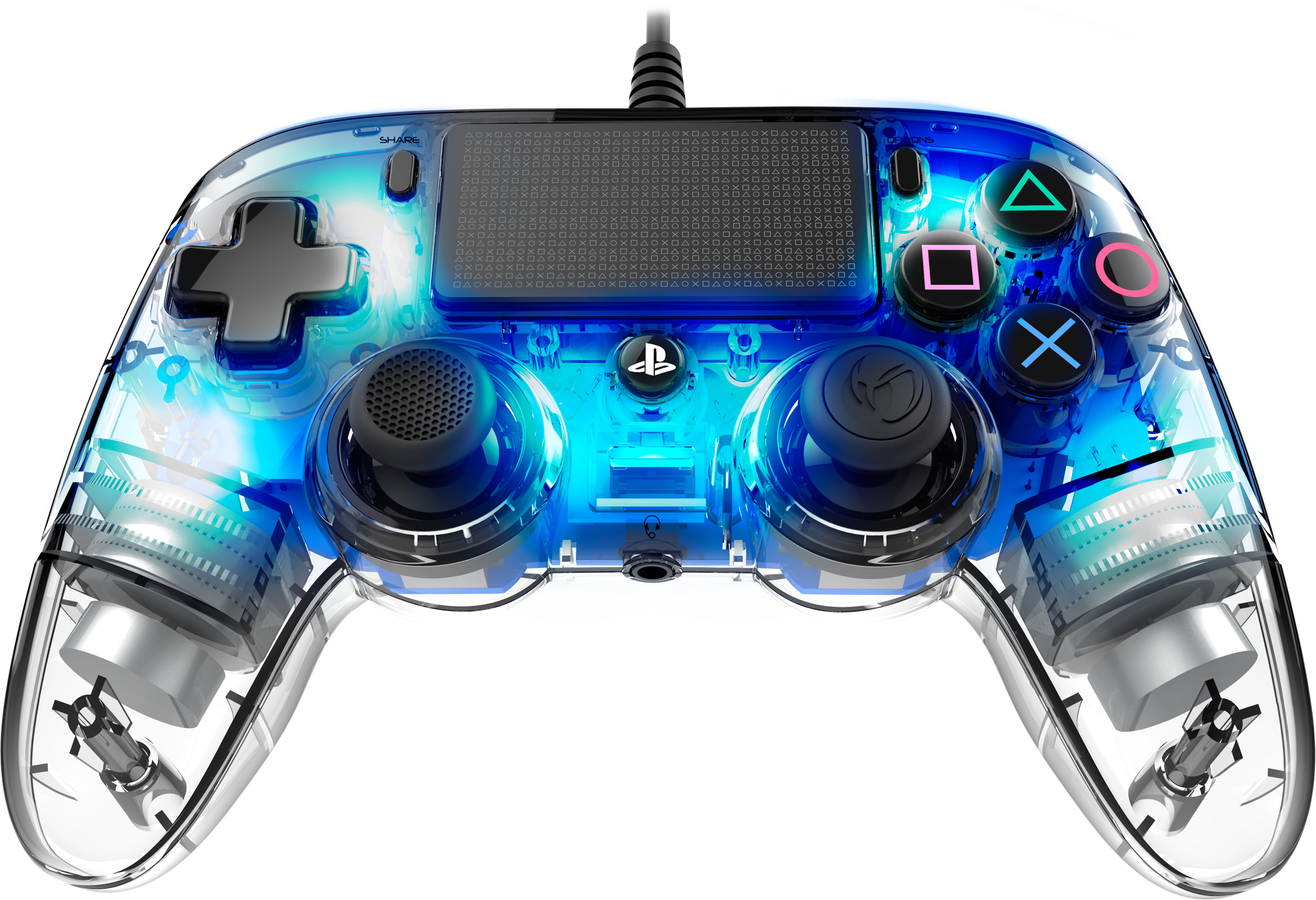 Transparante blauwe Playstation-controller met knoppen en kabel. Zwarte achtergrond.