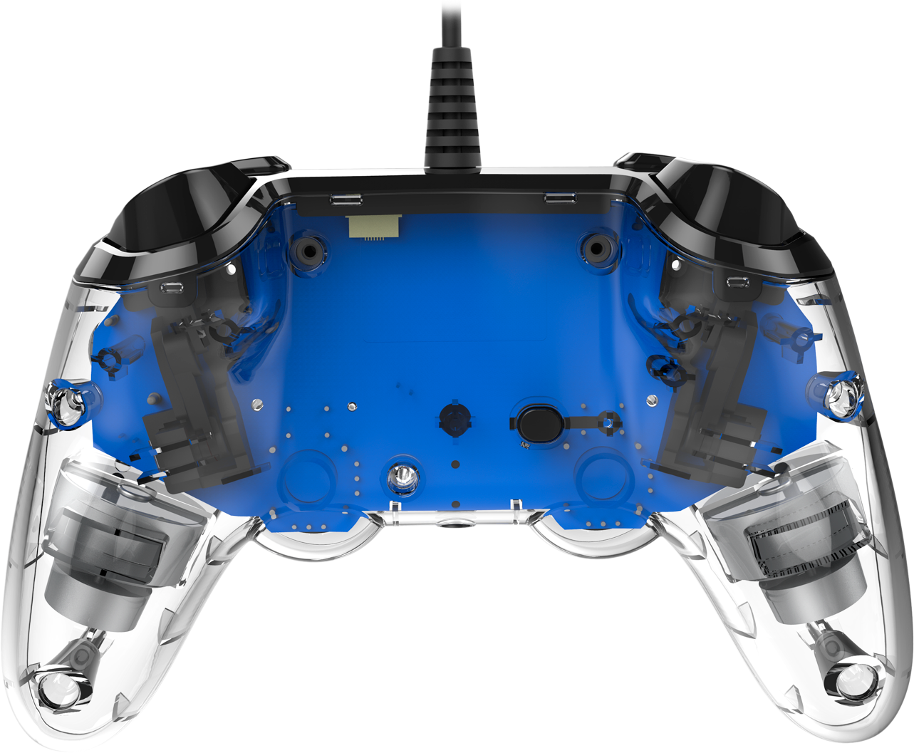 Een transparante blauwe en zwarte videogamecontroller met een blauw interieur.