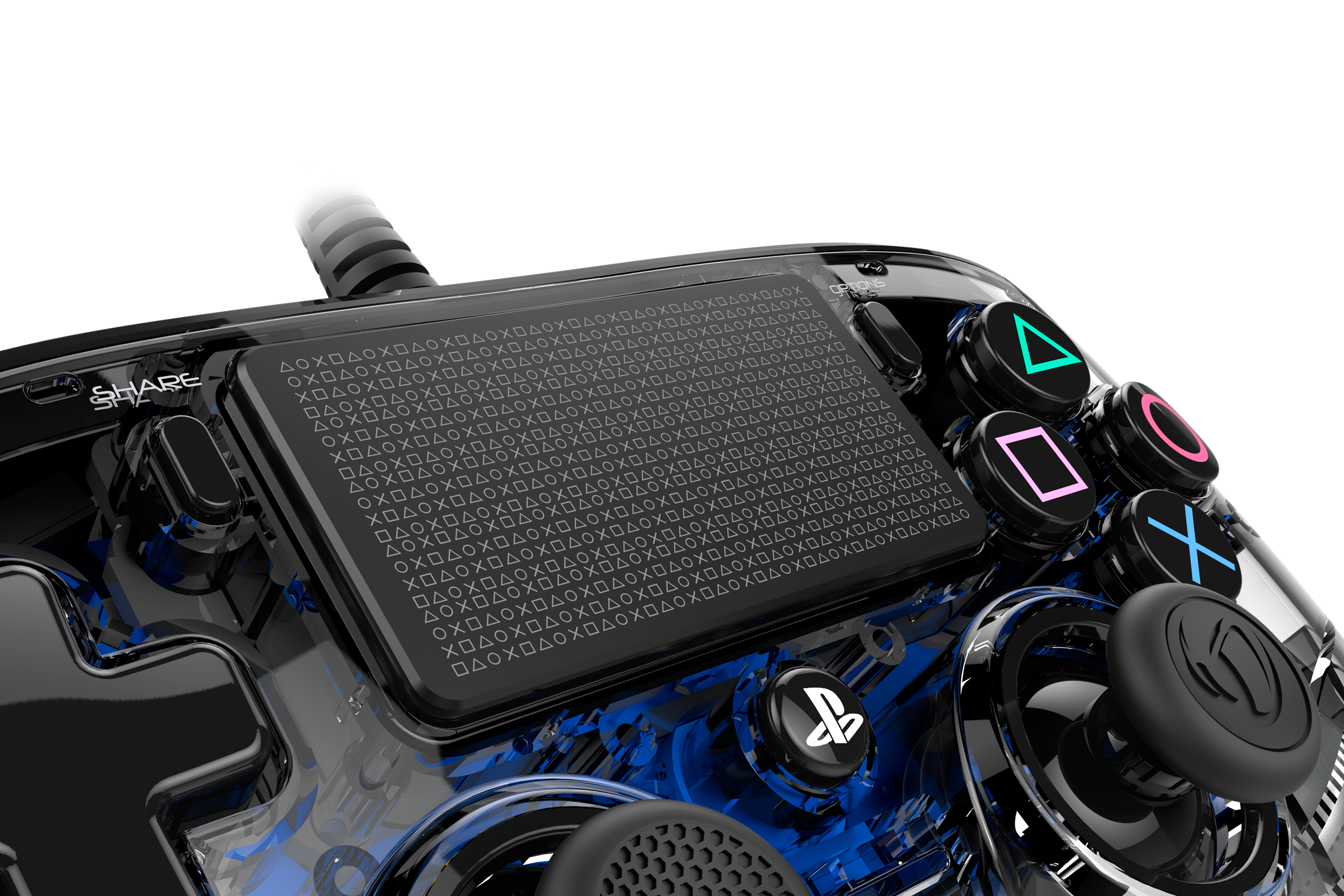 Close-up van een gamecontroller met een transparante behuizing, met knoppen en een share-knop.