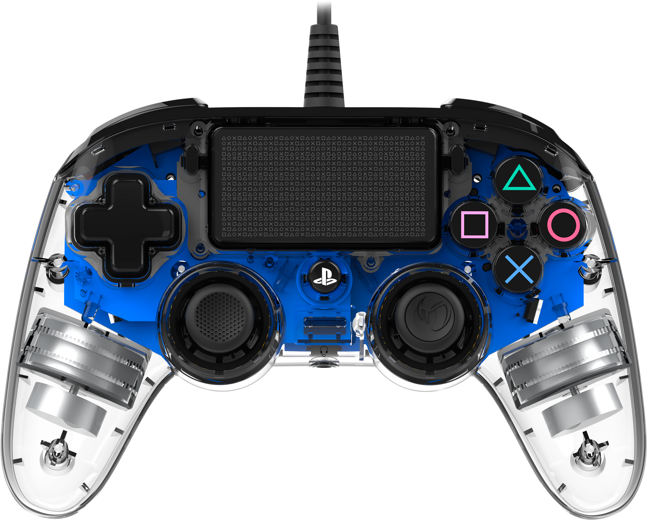 Transparante blauwe controller met knoppen, zwarte kabel en zwarte achtergrond.