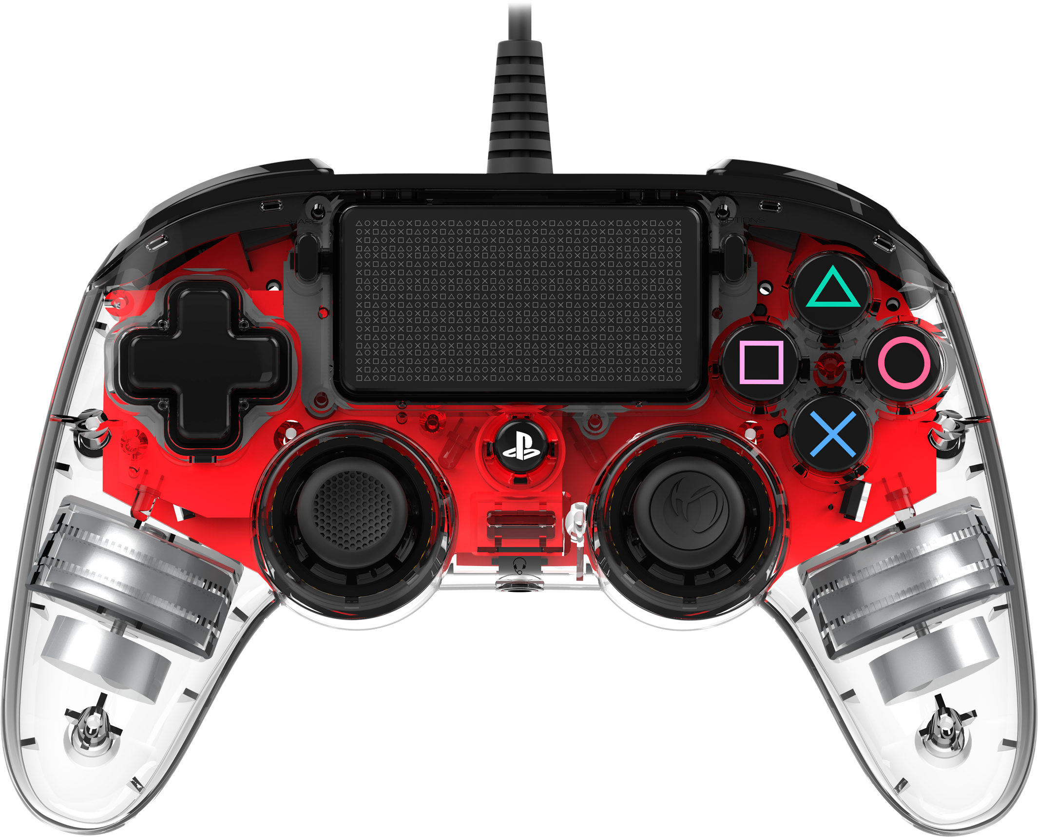 A partially transparent black and red gaming controller. Various buttons and symbols are visible.