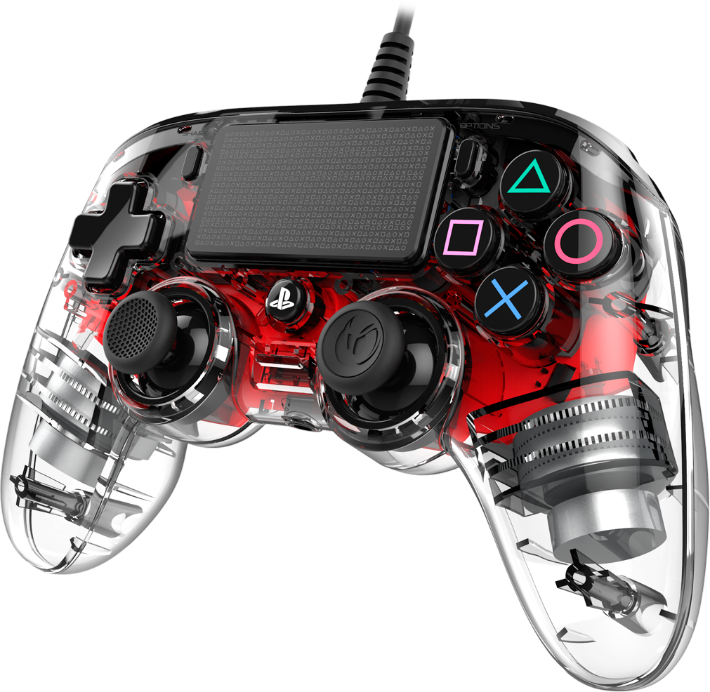 Clear transparent game controller with red interior. Black joystick and buttons.
