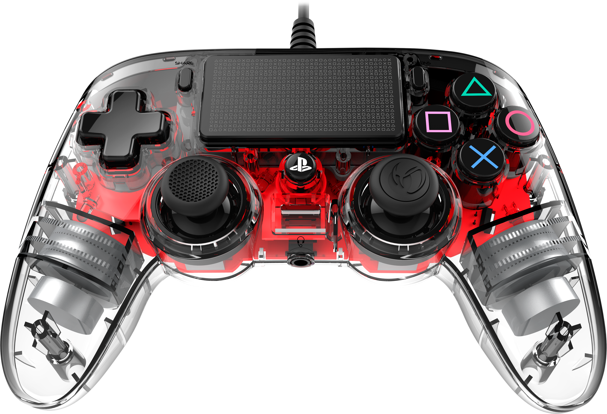 Transparent game controller with red internal lights. Buttons are various colors.