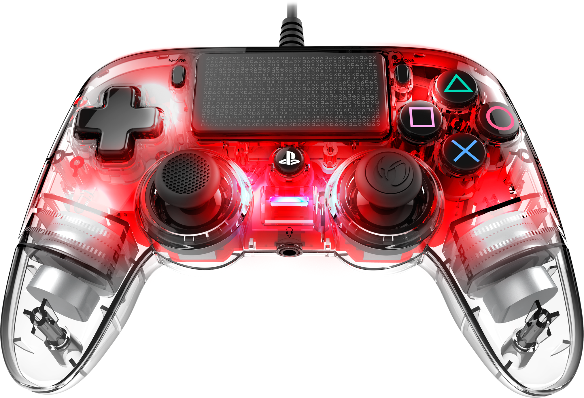 Transparent game controller with red lights and colored buttons, with a cord.