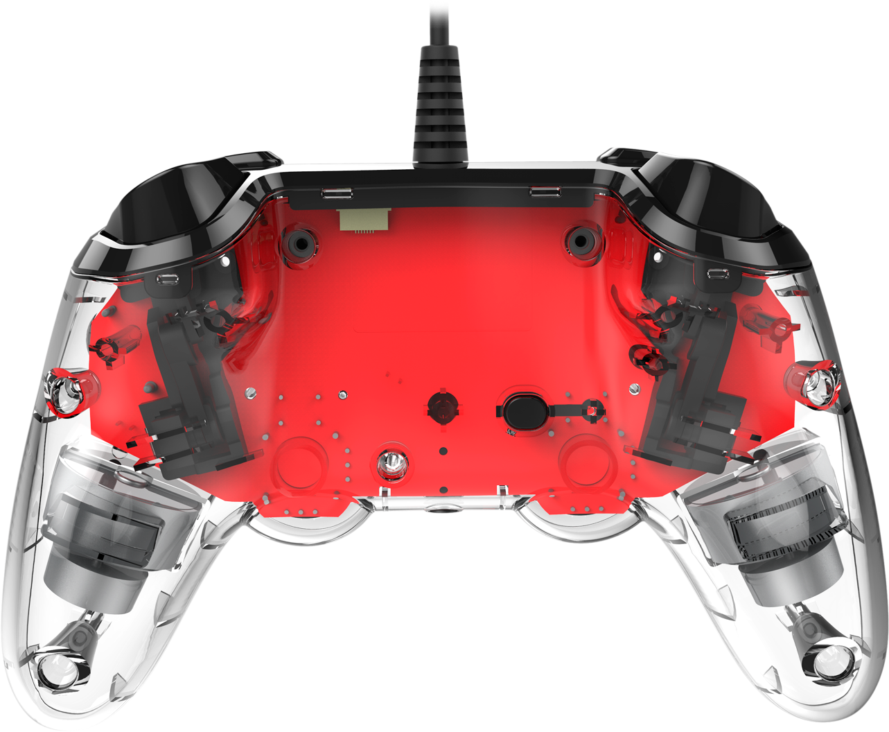 Transparent gamepad with visible internal components, red interior. Buttons and sticks are visible.