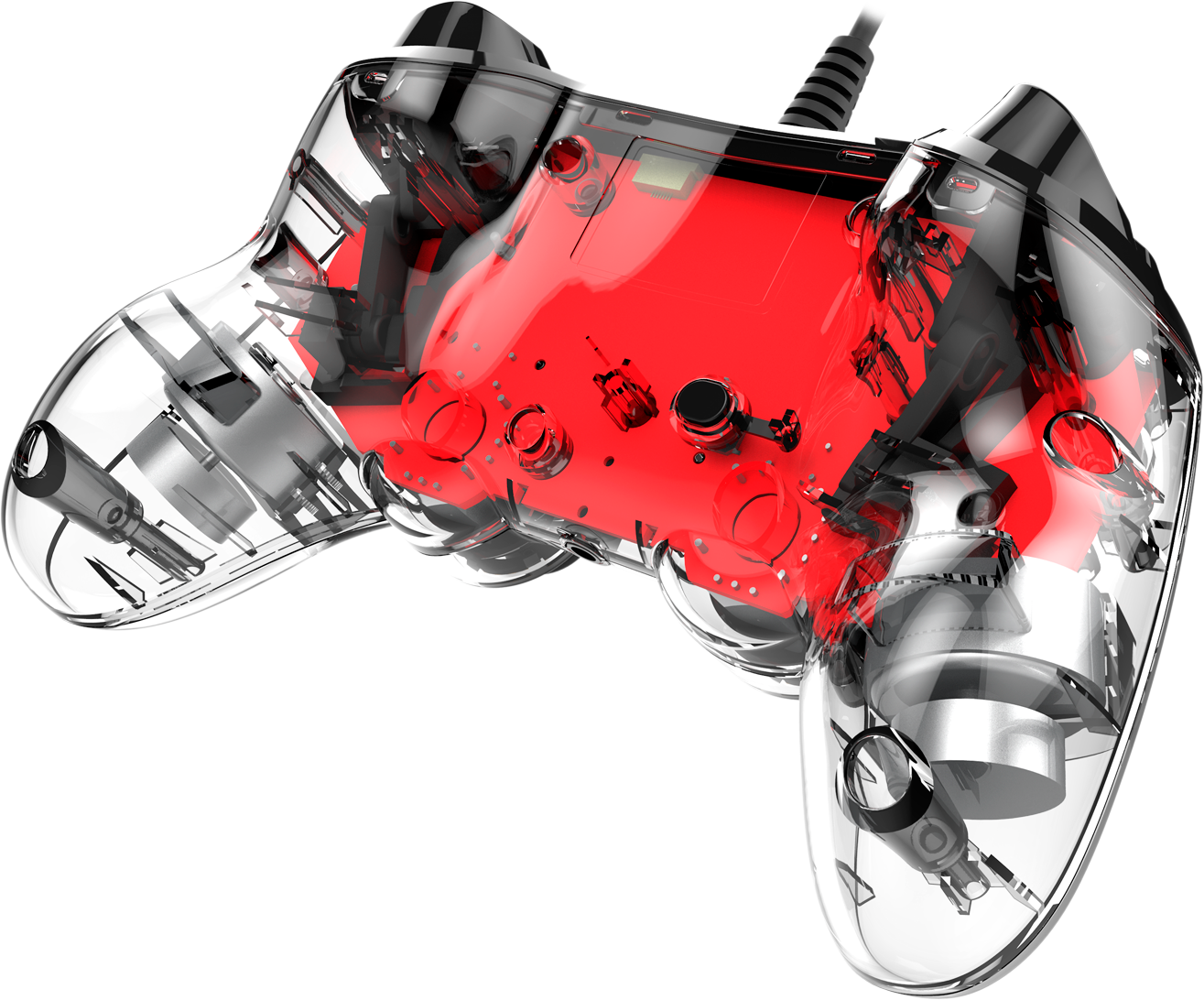 Transparent red and clear gaming controller with internal components visible.
