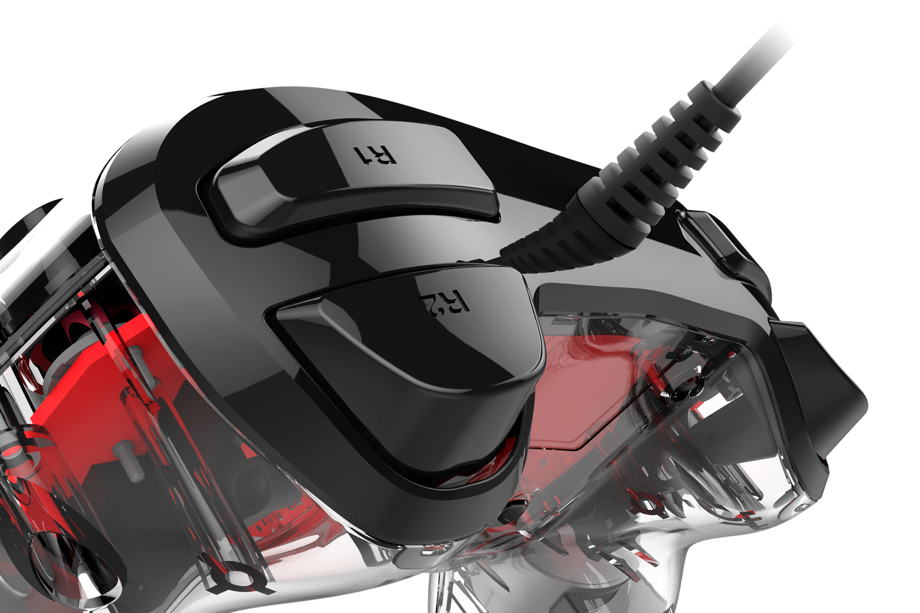 Gaming controller with transparent design showing internal red components.