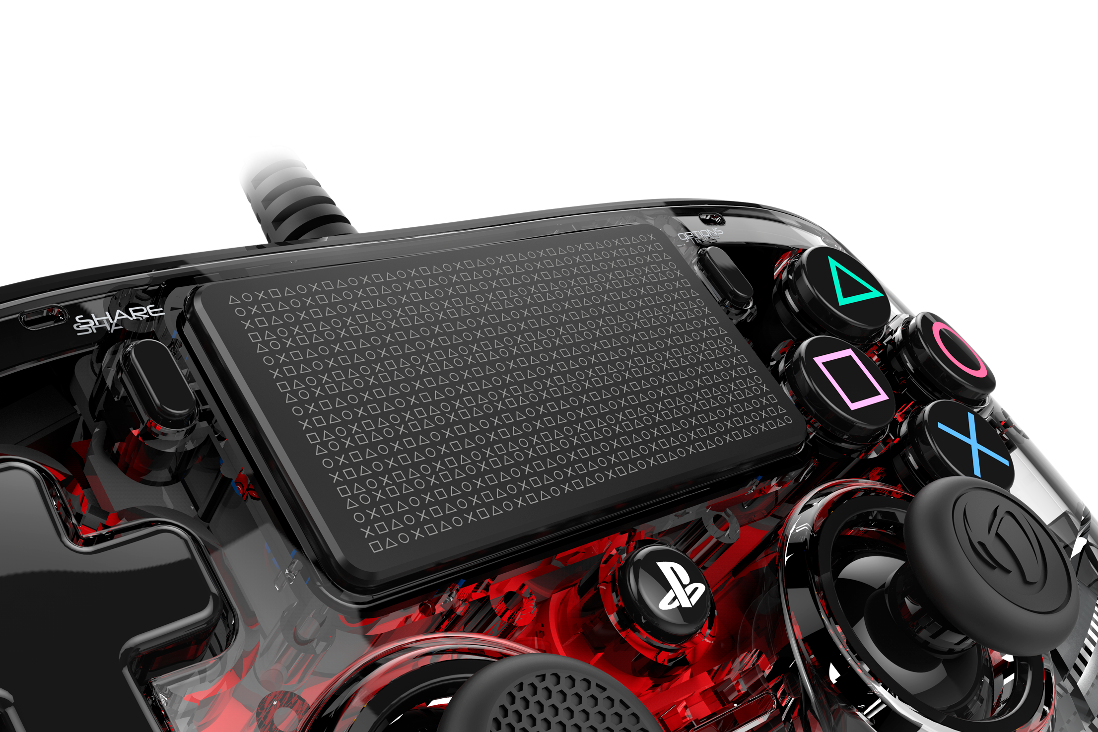 A transparent black PlayStation controller with red details. The buttons are colorful. The share button is visible.