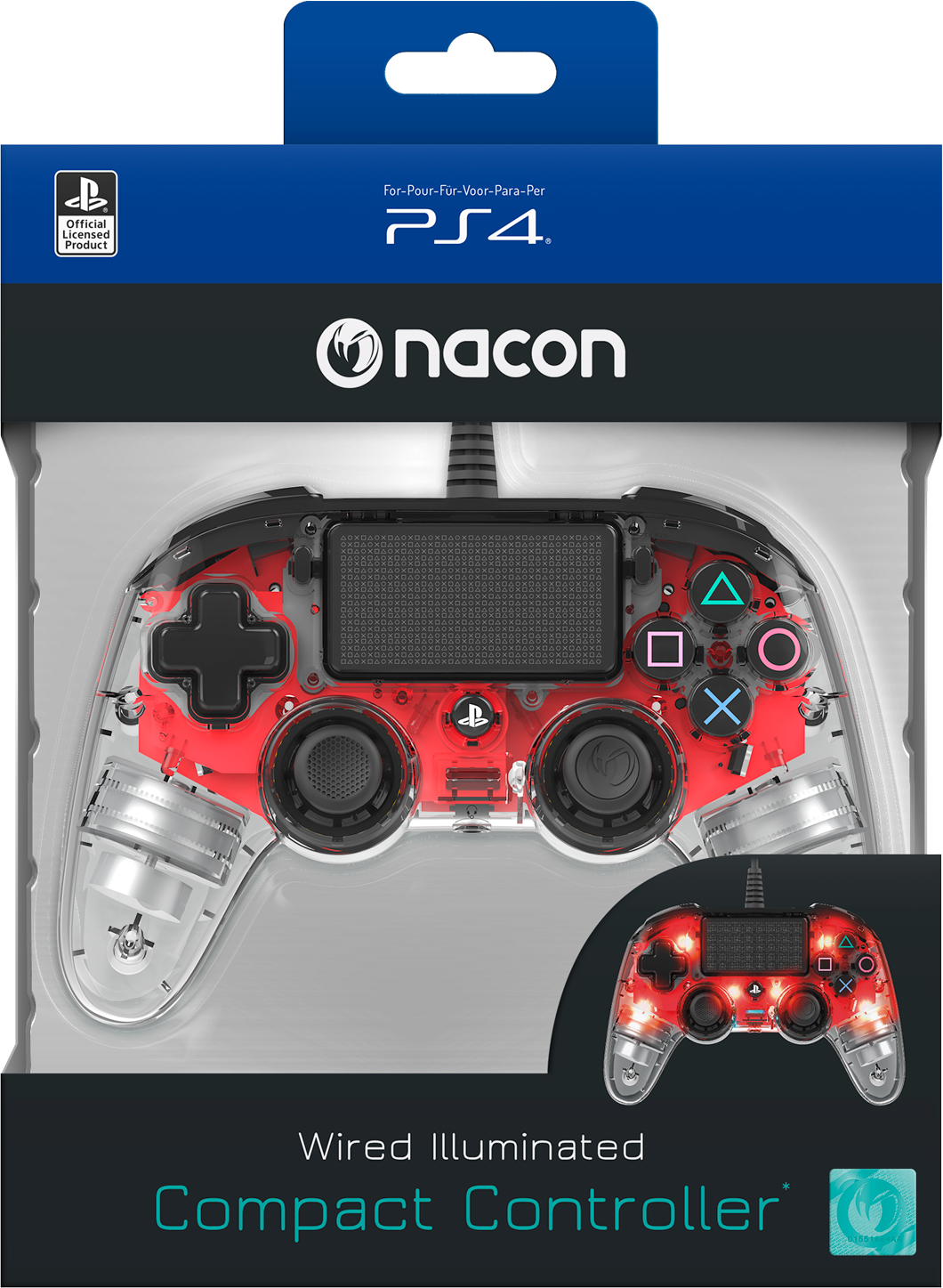 Nacon PS4 controller box, transparent controller design with red LEDs. Compact Wired Controller.