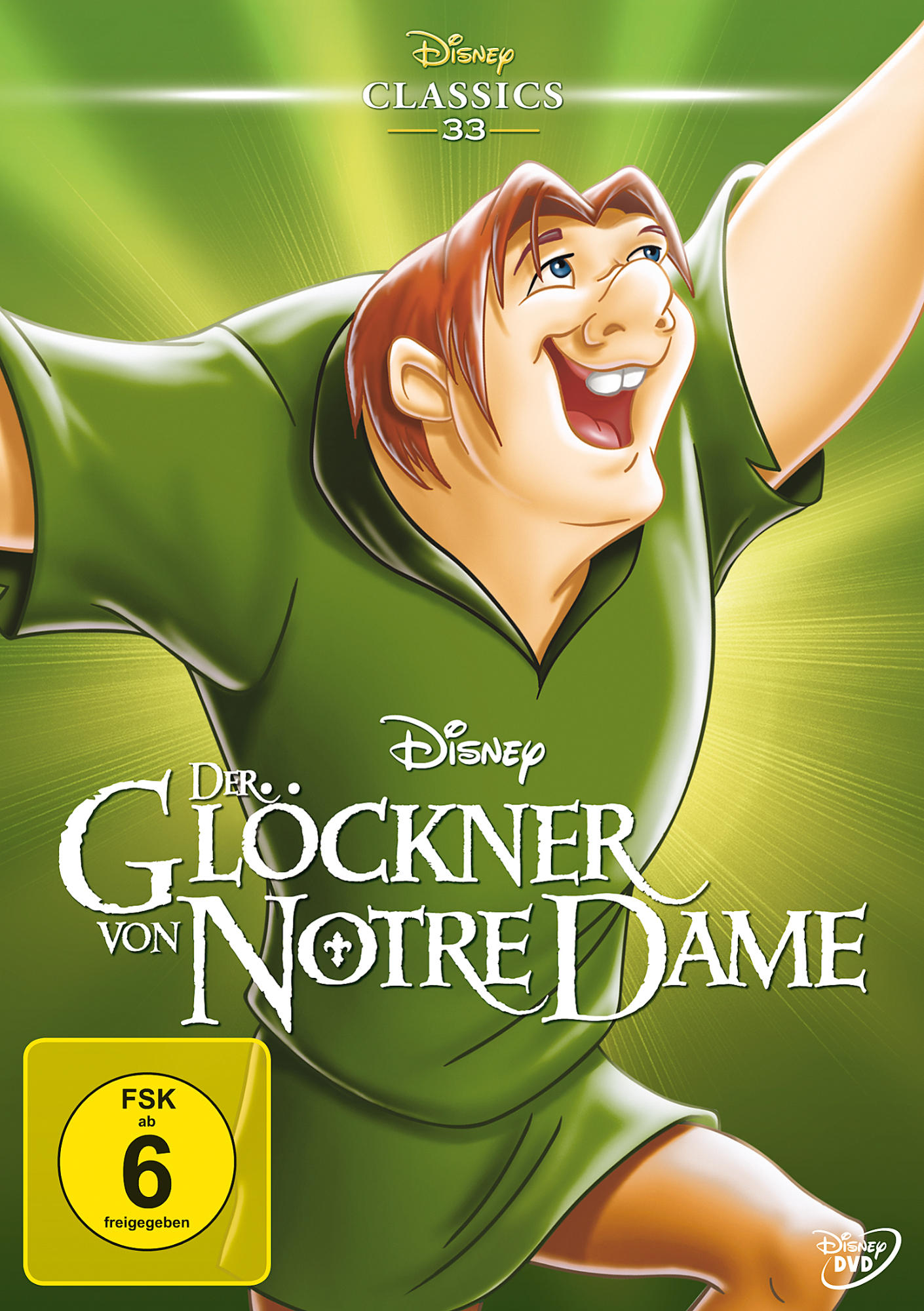 DVD-Cover von Disneys Glöckner von Notre Dame. Quasimodo lächelt, grünes Hemd. Titel auf Französisch. Gelbes FSK-Logo.