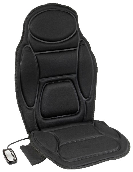 Un cojín de asiento de masaje negro con un mando a distancia. Tiene múltiples secciones y un diseño contorneado.