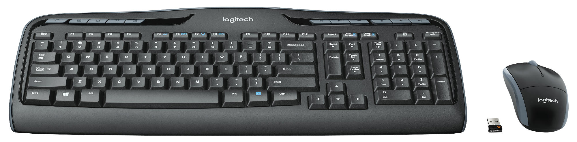 Schwarze Logitech-Tastatur mit Maus und USB-Empfänger. Auf weißem Hintergrund.