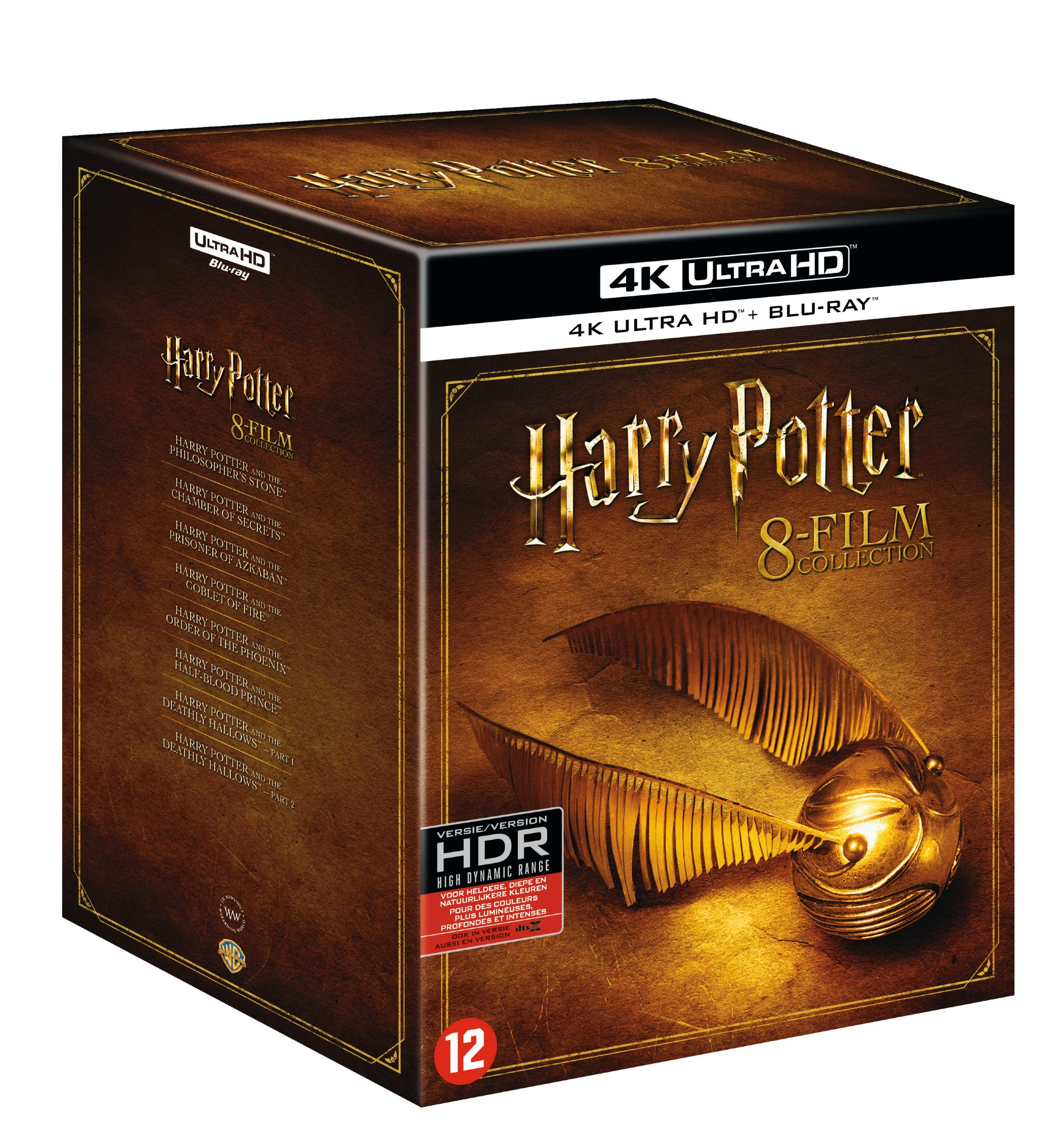 Coffret Harry Potter 8 films. Vif d'or doré sur la couverture. Boîte marron foncé.