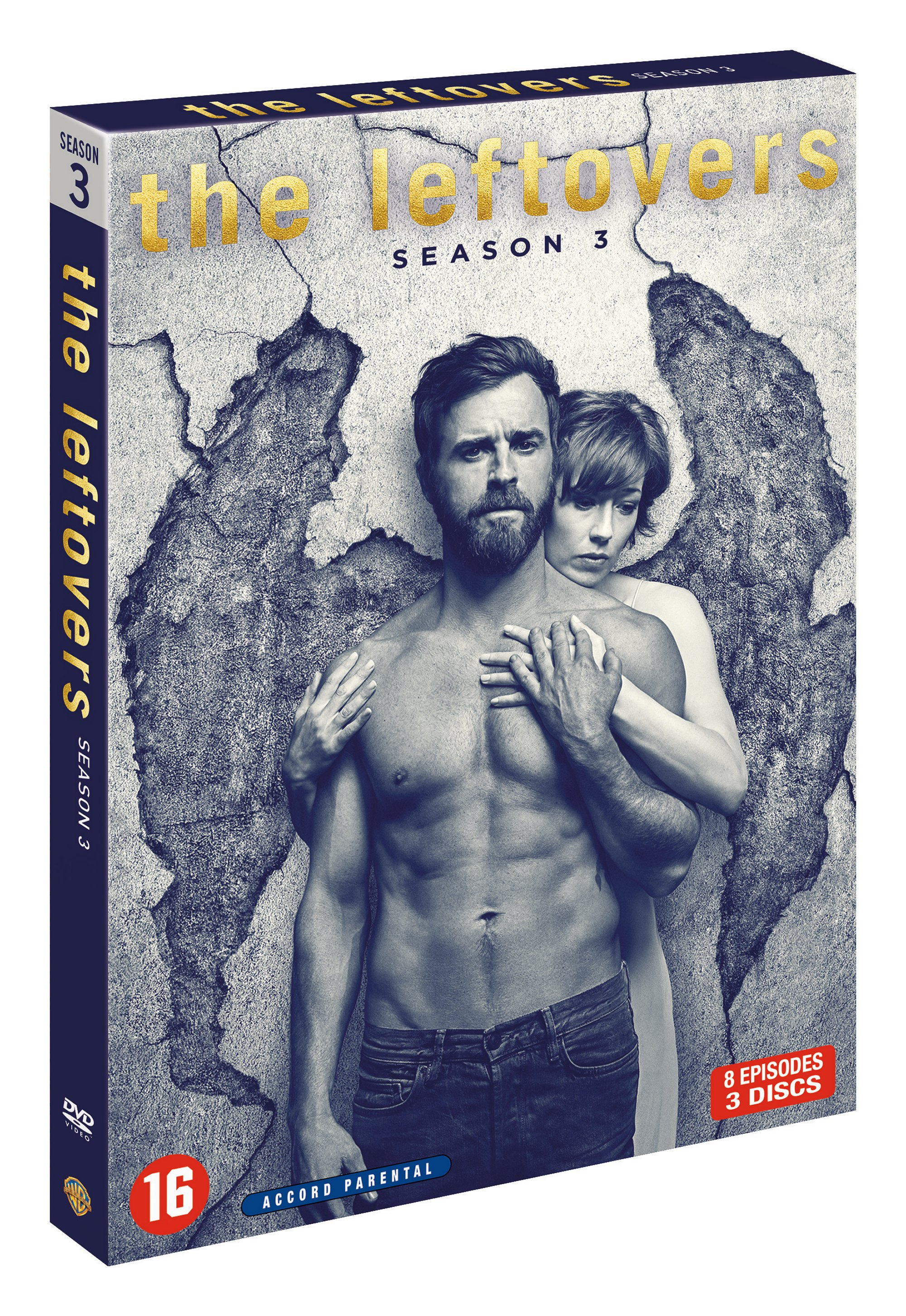 DVD cover for "The Leftovers" Season 3 with two people in front of a cracked wall.