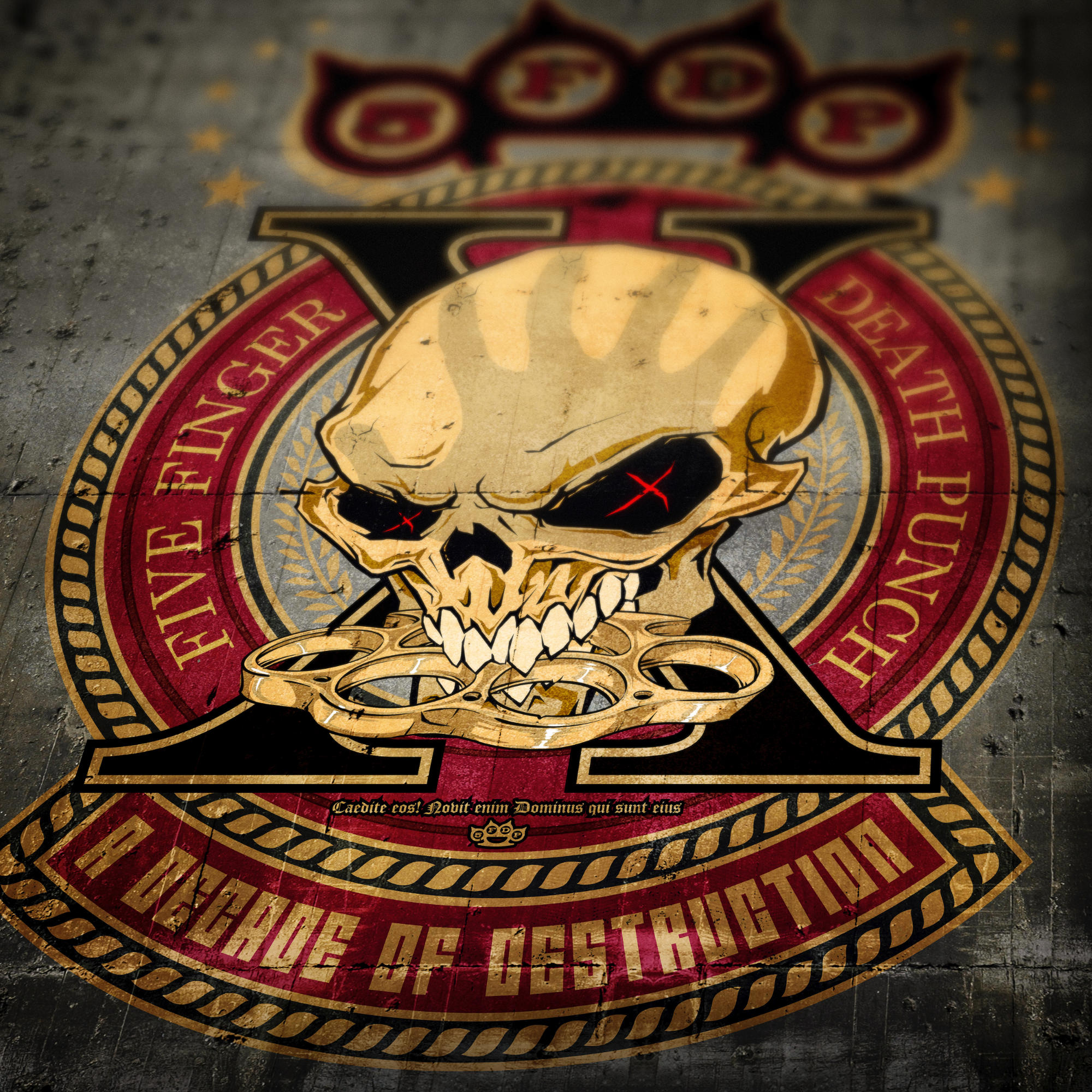 Albumcover mit Totenkopf und Schlagringen, Text 'Five Finger Death Punch'.