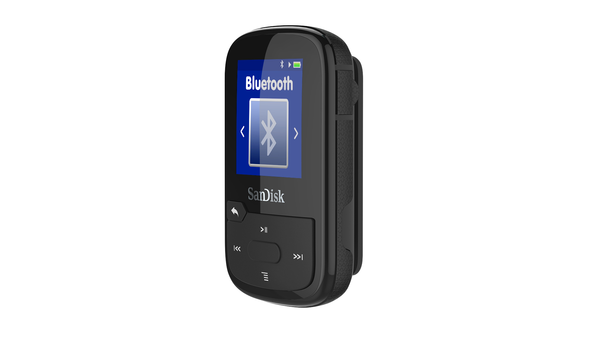 Ein schwarzer Sandisk MP3-Player mit Bluetooth-Symbol auf dem Bildschirm. Die Knöpfe sind sichtbar.