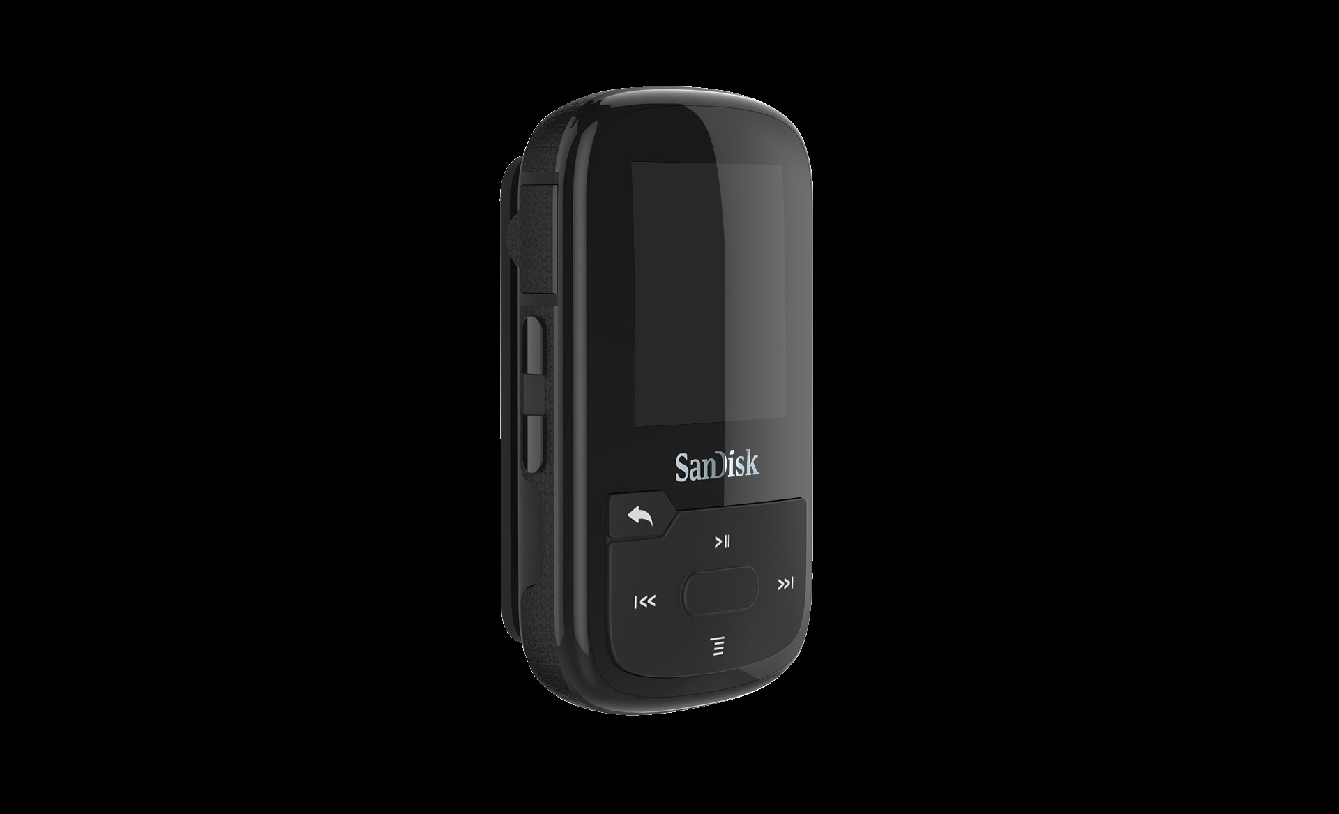 Ein schwarzer MP3-Player mit Knöpfen und Bildschirm, isoliert vor schwarzem Hintergrund.