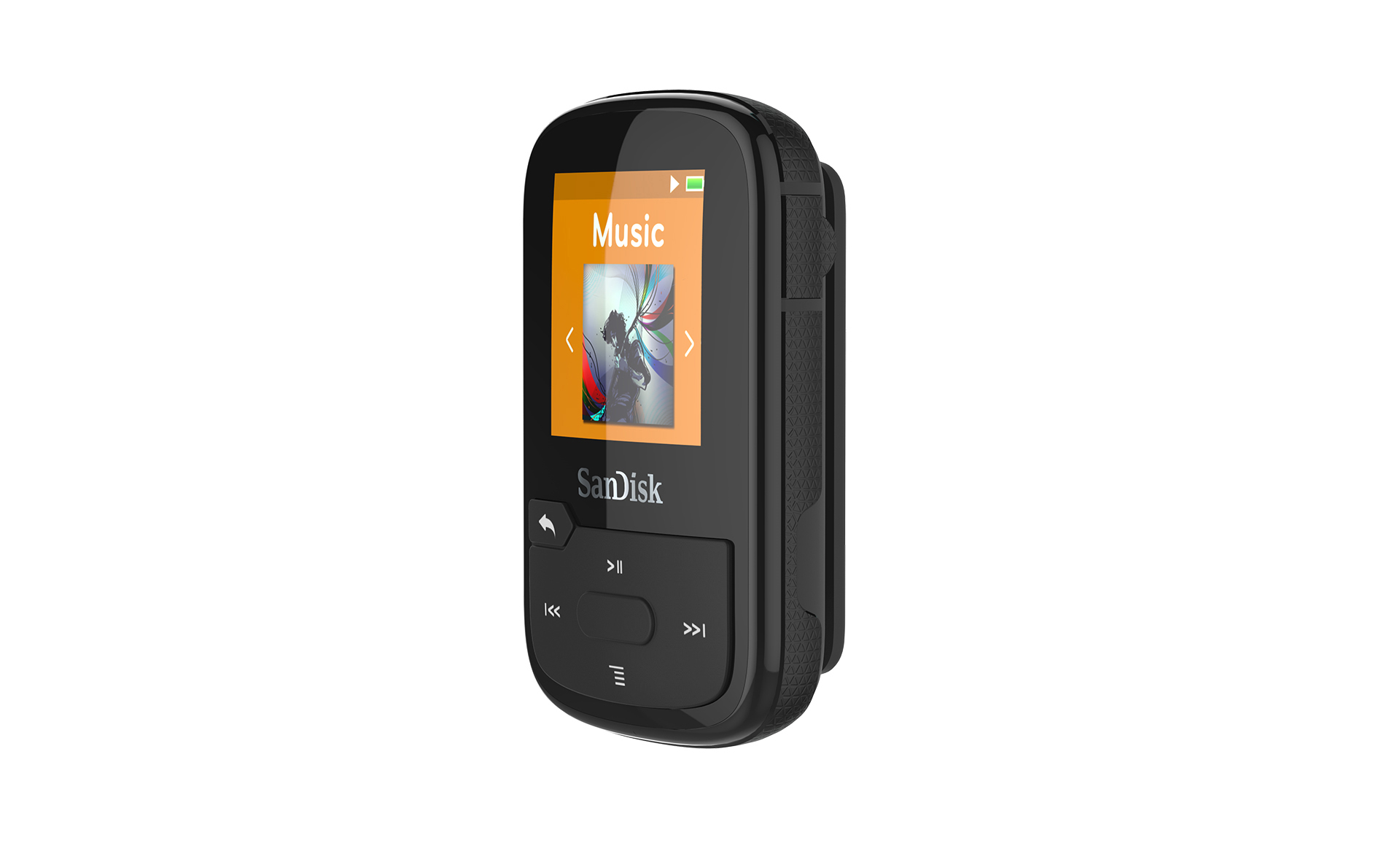 Schwarzer SanDisk MP3-Player, Bildschirm zeigt Musikoberfläche. Knöpfe zur Steuerung.