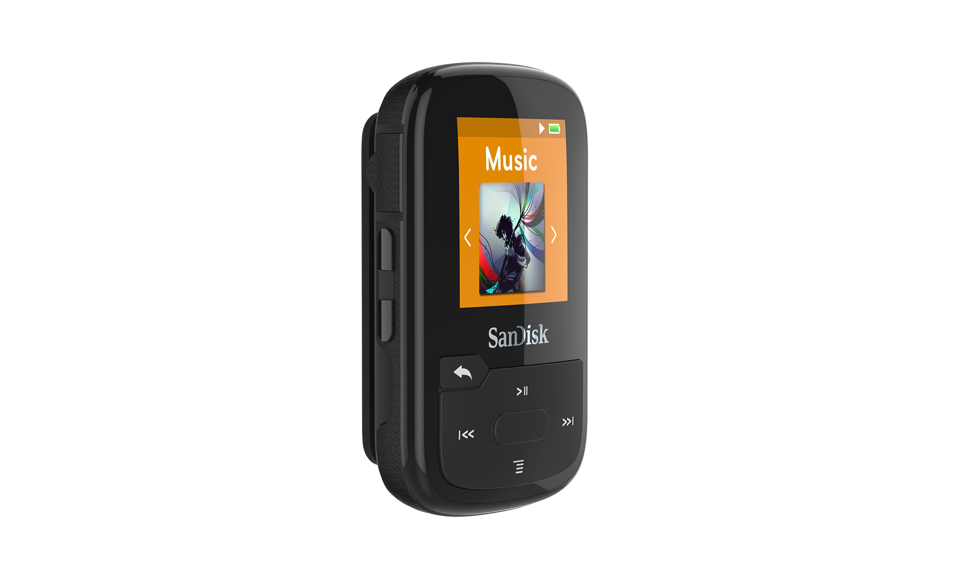 Schwarzer Sandisk MP3-Player. Der orangefarbene Bildschirm zeigt eine Grafik mit Bedienelementen darunter.