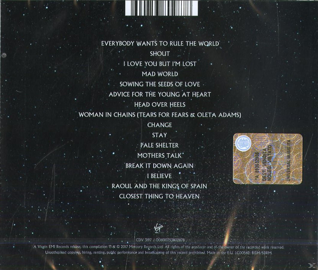 Achterkant van een cd-hoesje met songtitels en een sticker met tekst op een ruimteachtergrond.