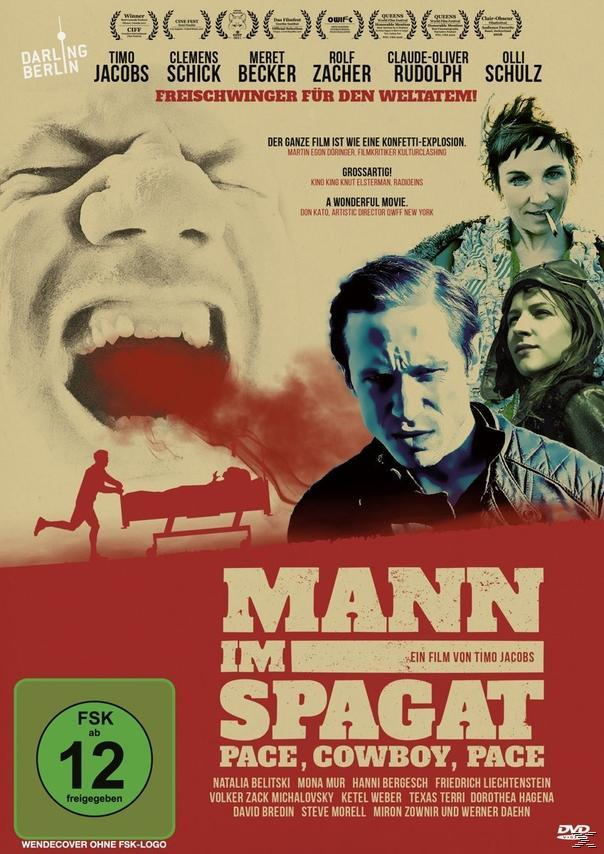 Filmplakat: Mann im Spagat, Gesichter und Text auf Deutsch. Gesichter von Personen, eine Person in Rot und DVD-Logo.