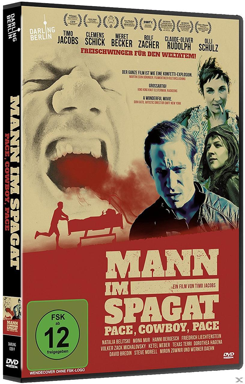 DVD-Hülle, 'Mann im Spagat', mit dem Gesicht eines Mannes und einer Szene mit mehreren Personen.